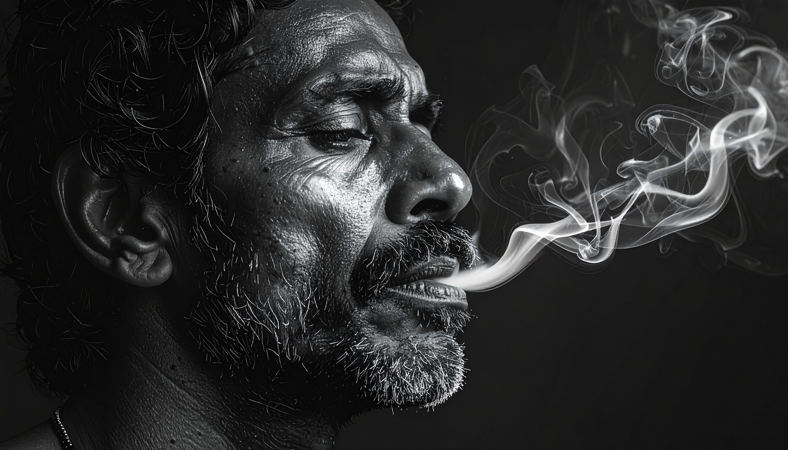 A black and white portrait of a man exhaling smoke dramatically