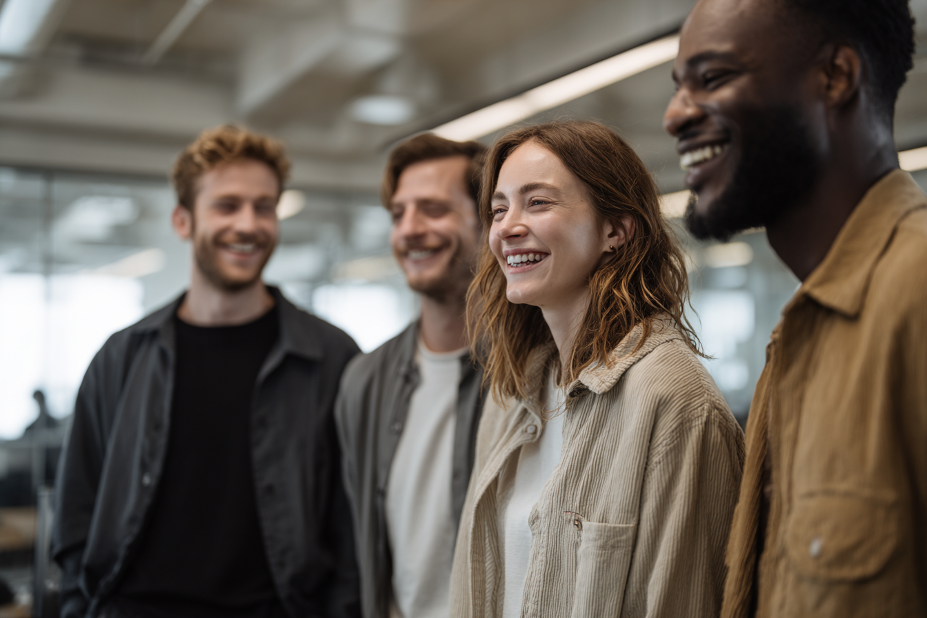 Grupo de quatro jovens sorrindo em um ambiente de escritório moderno, refletindo um clima de camaradagem e felicidade. Eles estão vestidos de forma casual, com roupas em tons neutros e claros, em um espaço iluminado por janelas amplas.