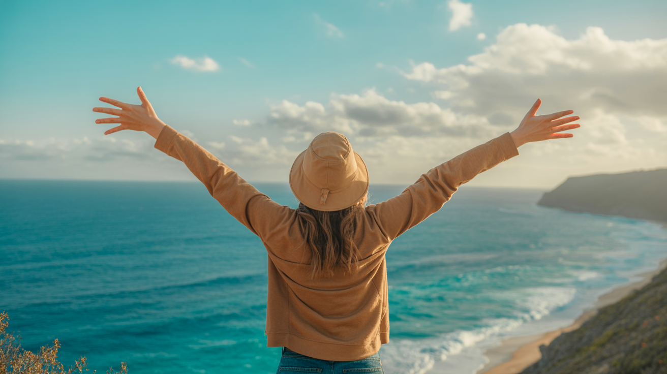Person in Beige Hat Enjoying Ocean View from Sunny Cliff