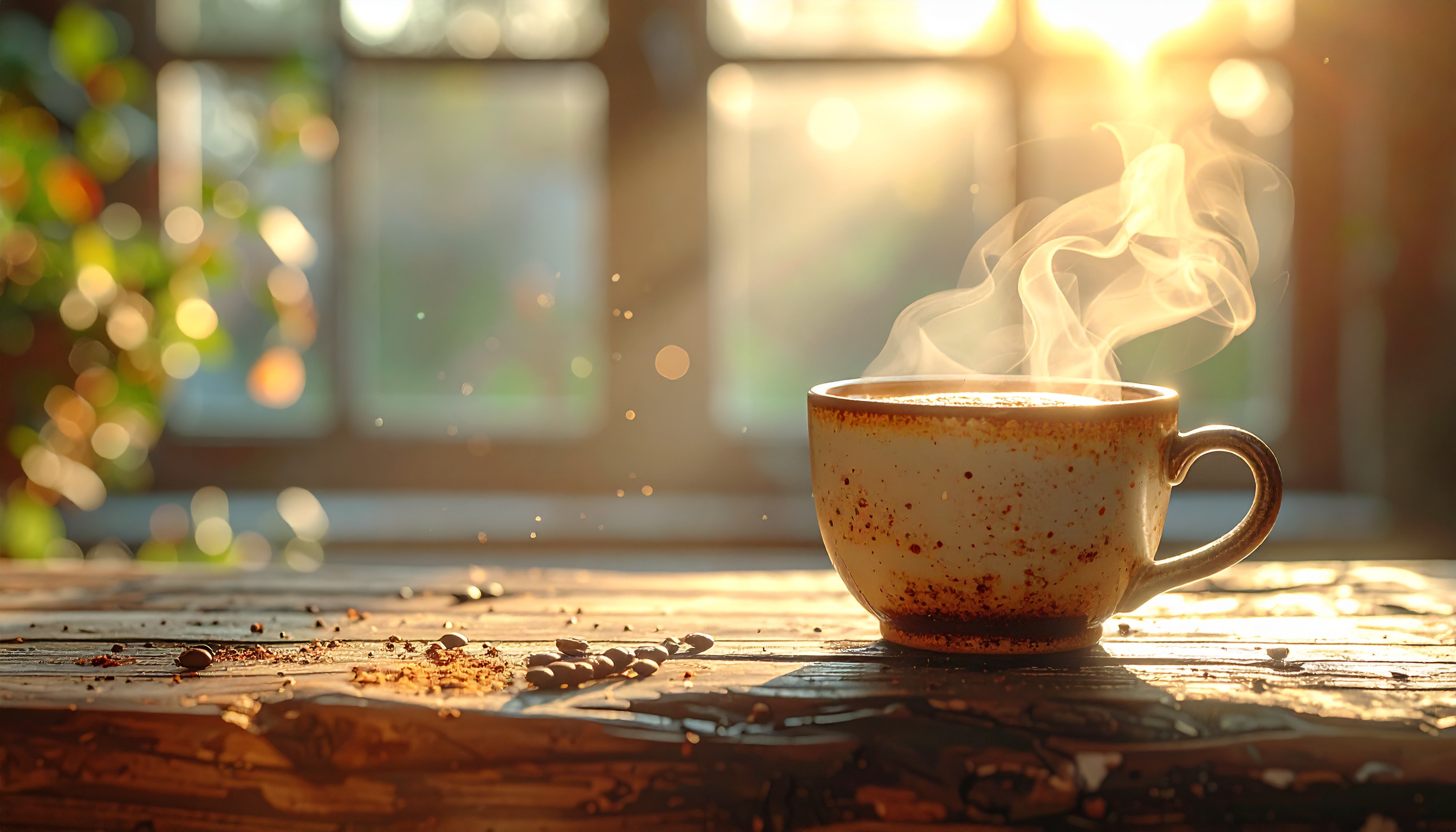 Cena matinal com uma xícara rústica de café soltando vapor sobre uma mesa de madeira, iluminada pela luz suave do sol através da janela, criando uma atmosfera acolhedora e tranquila com grãos de café espalhados.