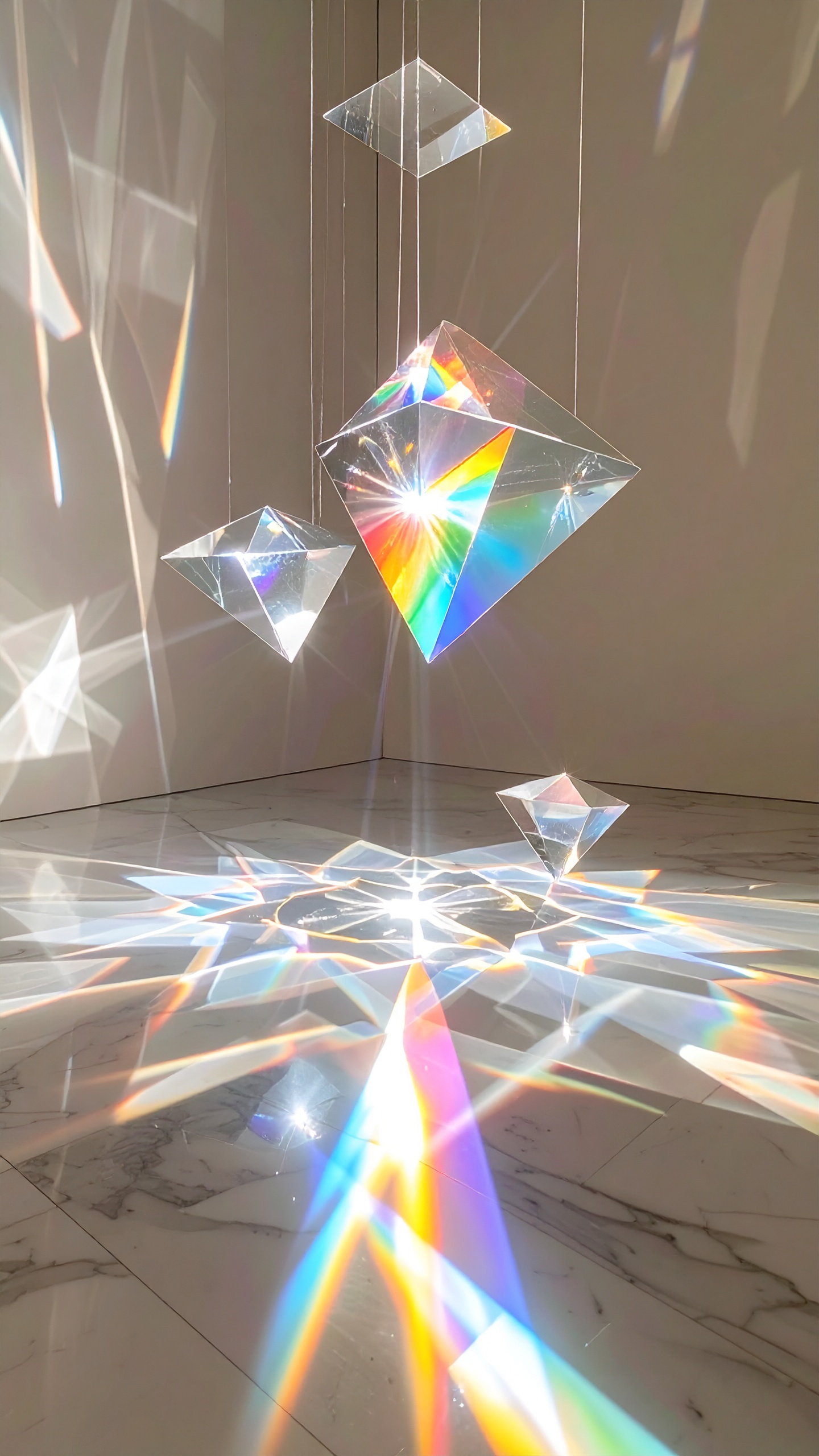 Prismatic crystals hang in a well-lit room casting vibrant rainbows across the walls and floor
