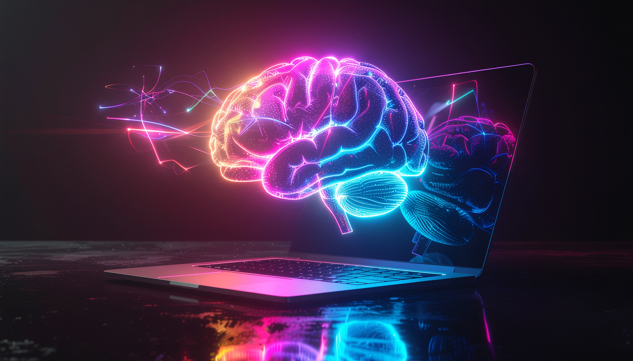 Imagem de um cérebro holográfico em cores neon saindo de uma tela de laptop em fundo escuro. A composição destaca iluminação vibrante com tons de rosa e azul, criando uma atmosfera futurista e tecnológica. O reflexo na superfície adiciona profundidade e dimensão à cena, reforçando o tema de inteligência artificial.
