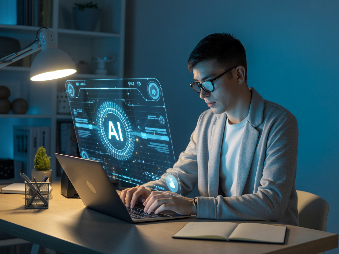 Man Working on AI in a Modern Office