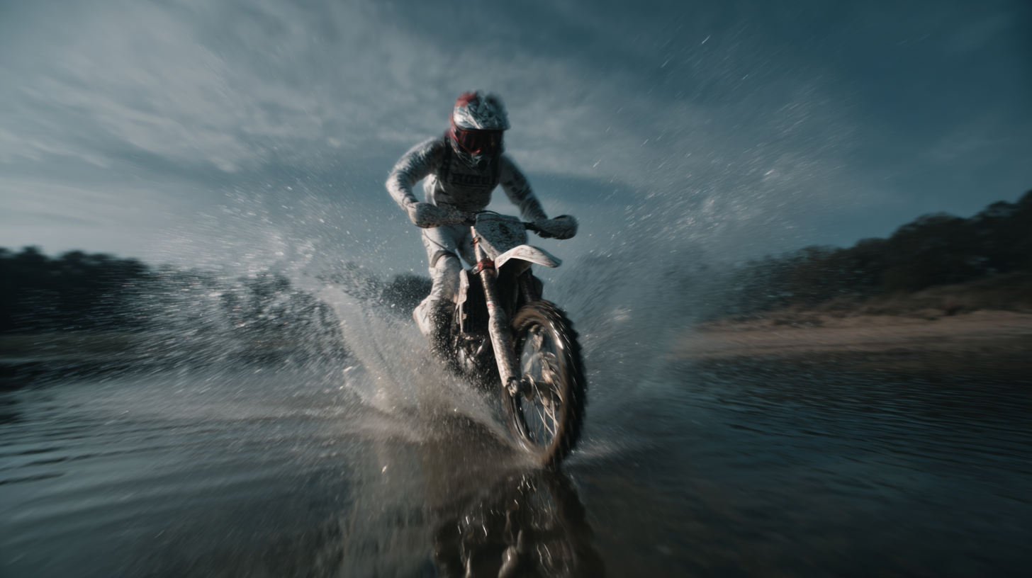 Um motociclista em uma moto off-road atravessando uma poça de água, criando um grande spray enquanto acelera. O fundo apresenta uma paisagem natural com árvores e um céu nublado.