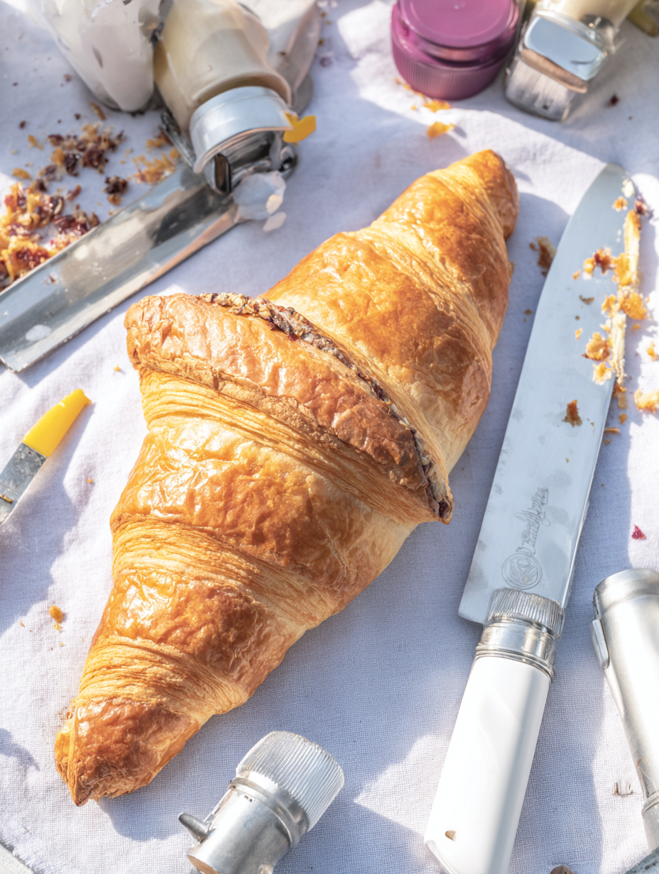 Croissant dourado e crocante em um ambiente de café da manhã, rodeado por facas e potes de condimentos, em cima de uma toalha branca iluminada pela luz suave do sol matinal, criando uma atmosfera acolhedora e convidativa. A composição destaca a textura do pão e os utensílios brilhantes, com ênfase em detalhes como migalhas e reflexos metálicos.