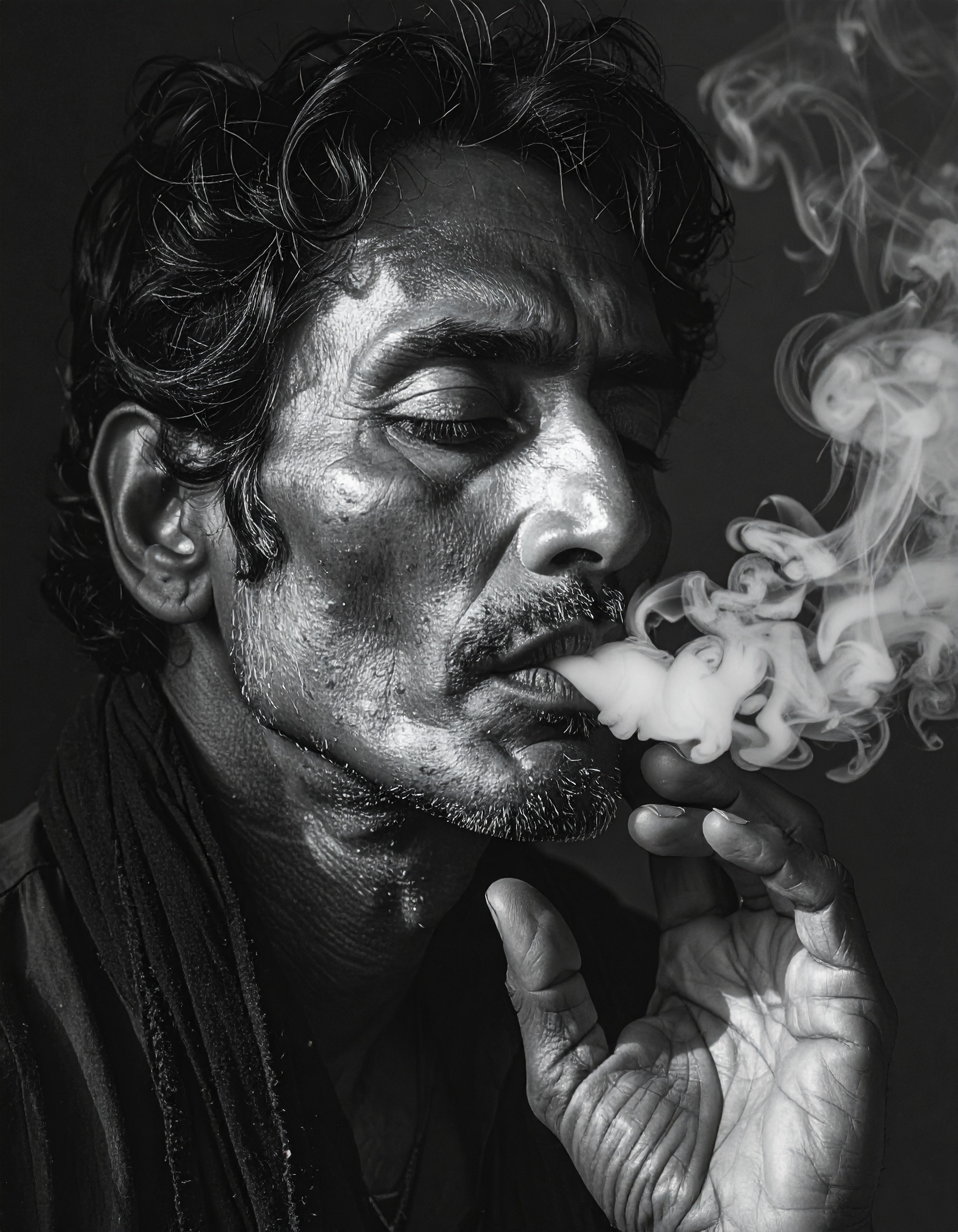 A contemplative man exhales smoke in a black and white portrait