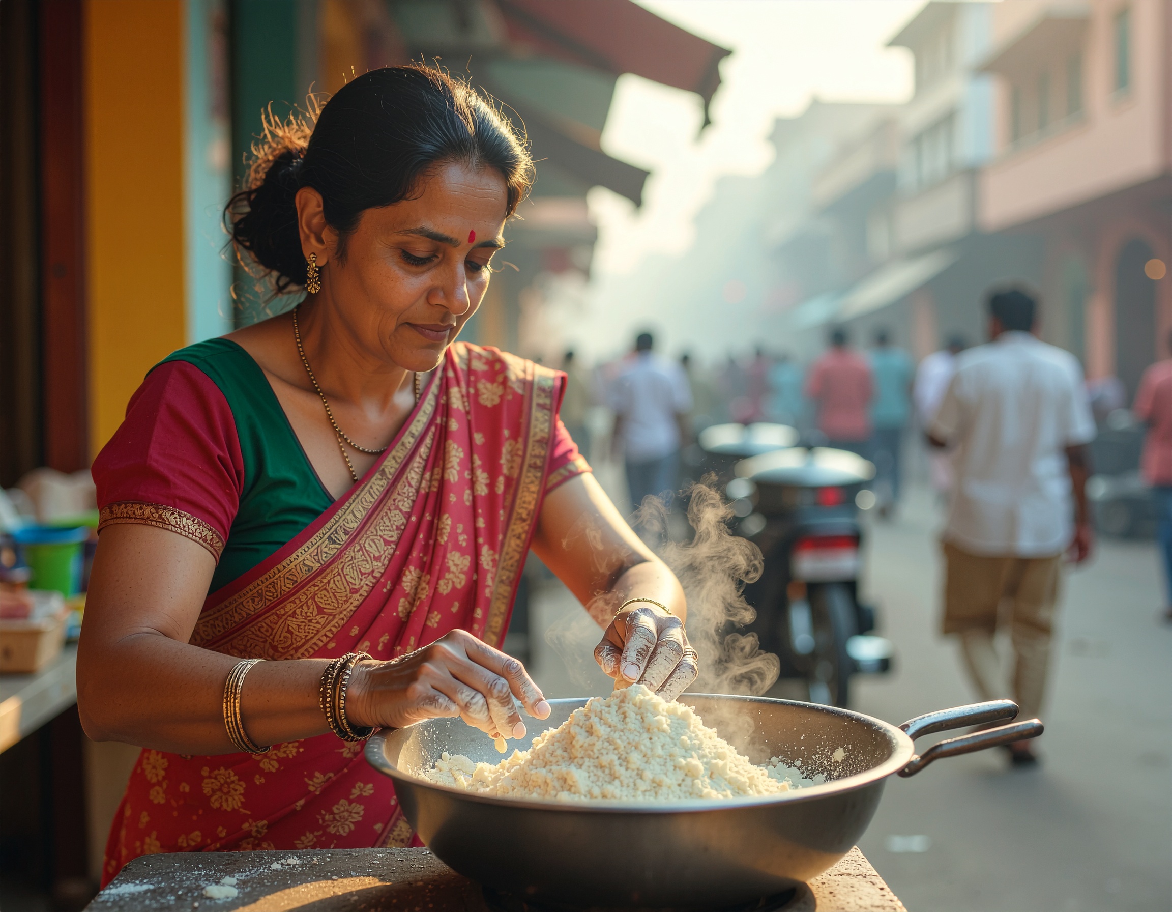A woman in a traditional sari prepares steaming rice on a bustling street