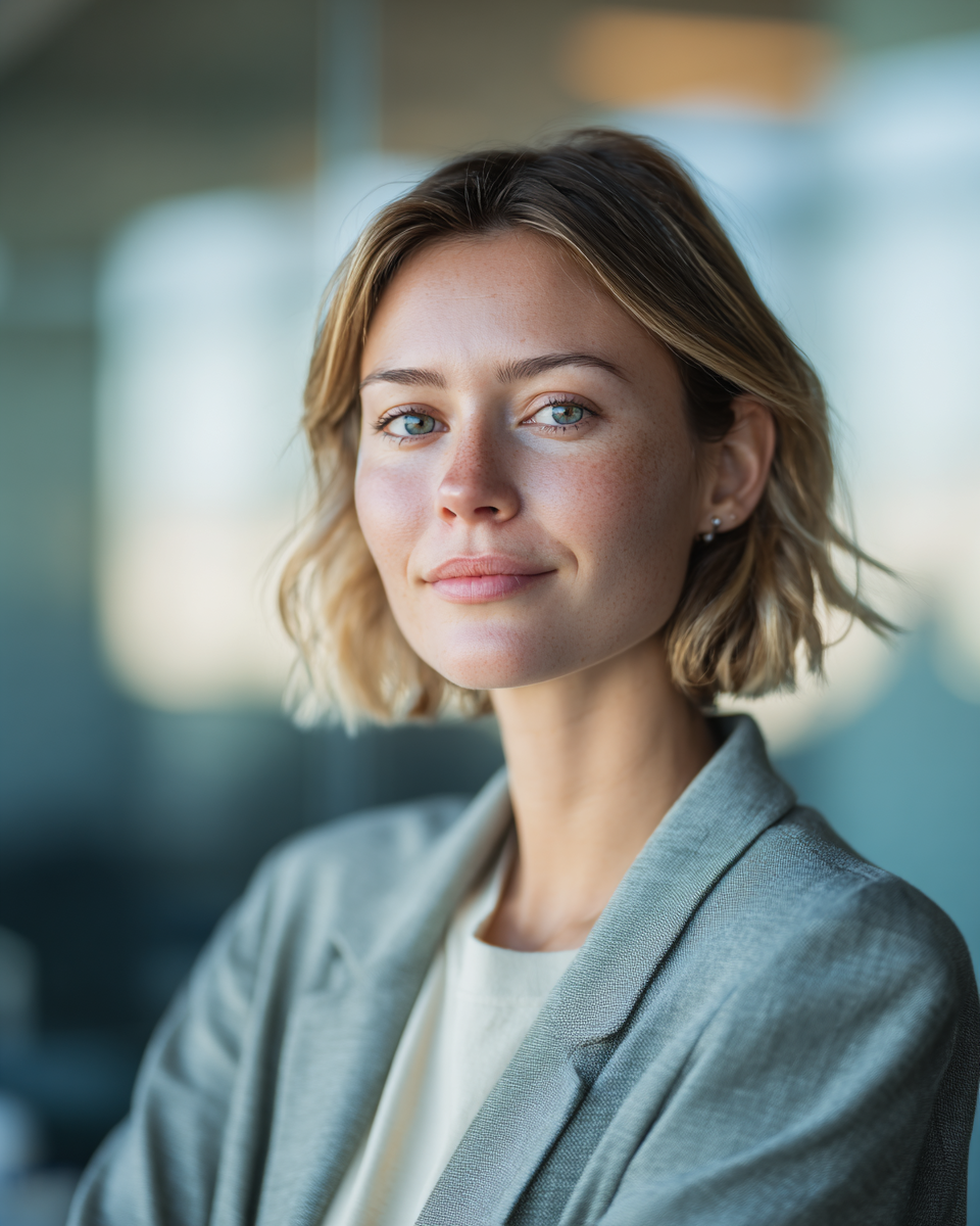 Retrato de uma mulher jovem com expressão serena, cabelo loiro curto e olhos claros. Ela veste um blazer cinza em um ambiente interno moderno com fundo desfocado. A iluminação suave destaca suas características faciais, criando uma atmosfera calma e profissional. Composição centralizada e foco nítido no rosto.