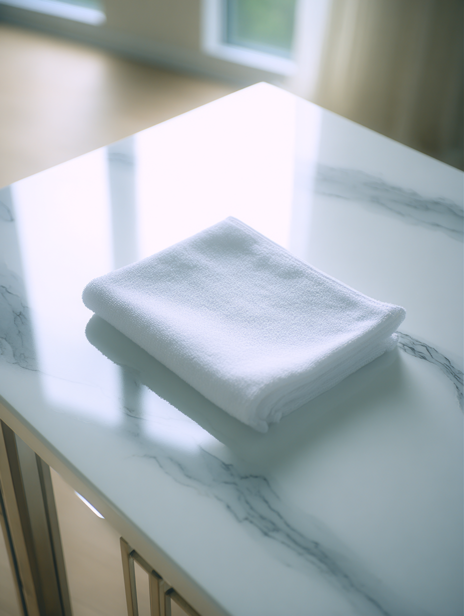 Toalha de rosto branca meticulosamente dobrada sobre uma mesa de mármore em um ambiente iluminado suavemente por luz natural através de janelas. O reflexo e o brilho da superfície de mármore adicionam um toque elegante à composição minimalista, enquanto a iluminação difusa cria uma atmosfera de tranquilidade e limpeza. O ângulo é ligeiramente inclinado, focando nos detalhes da textura da toalha e no padrão sutil do mármore.