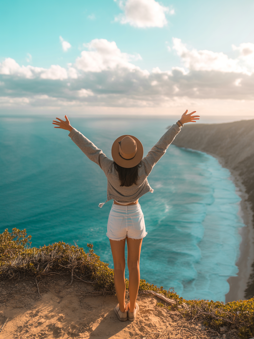 Woman in Hat Enjoying Stunning Ocean View from Cliff