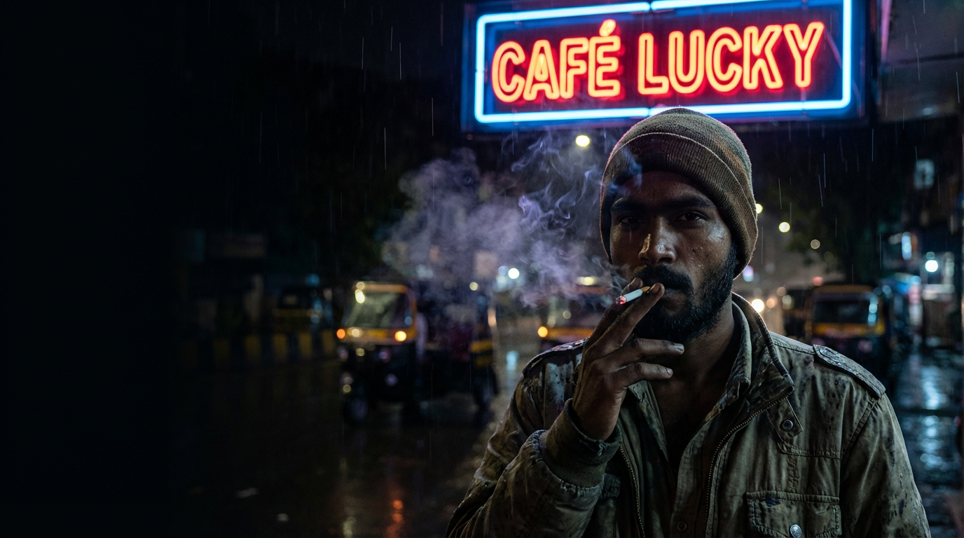 A man stands smoking under the neon glow of a 'Café Lucky' sign on a rainy night