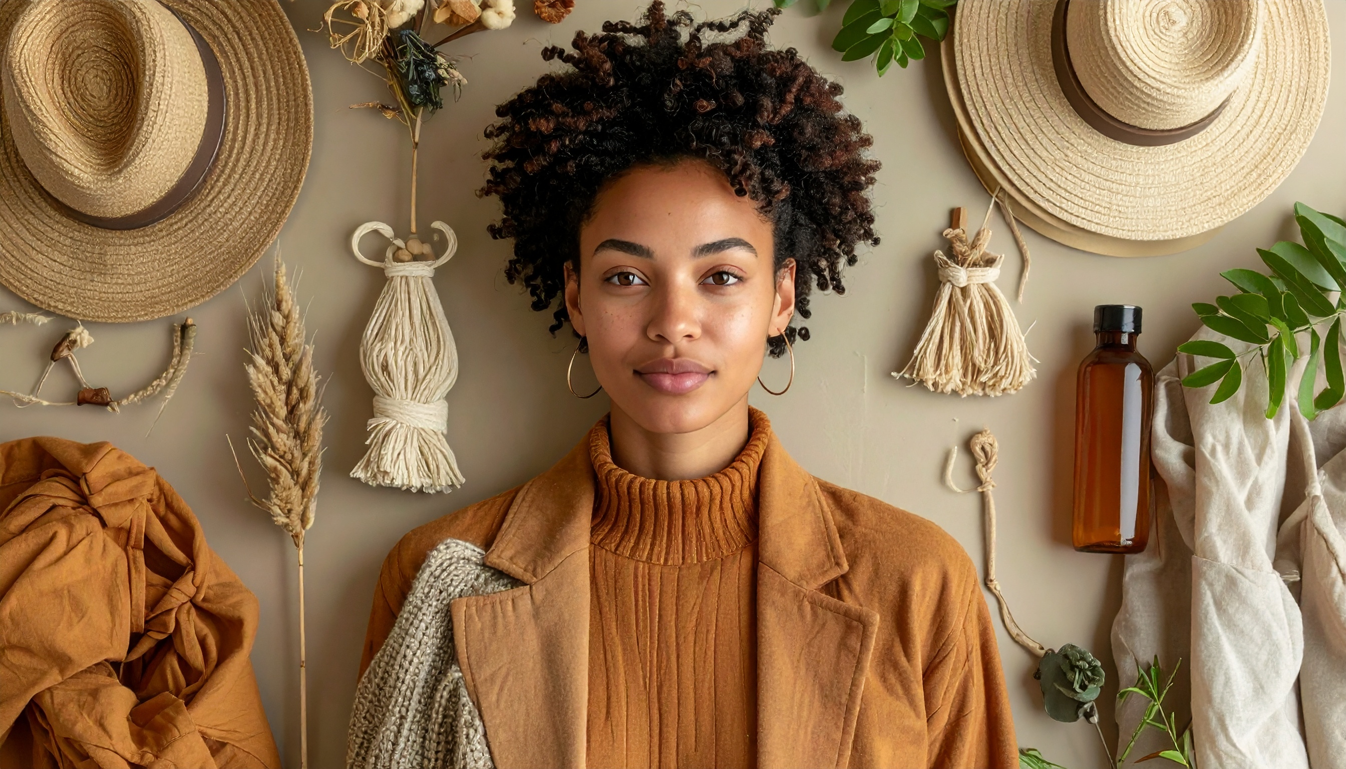 Retrato de uma mulher com cabelo encaracolado em um ambiente rústico e natural, rodeada de chapéus de palha, plantas secas e tecidos em tons terrosos. A iluminação suave destaca a textura e a composição equilibrada, criando uma atmosfera acolhedora e artística.
