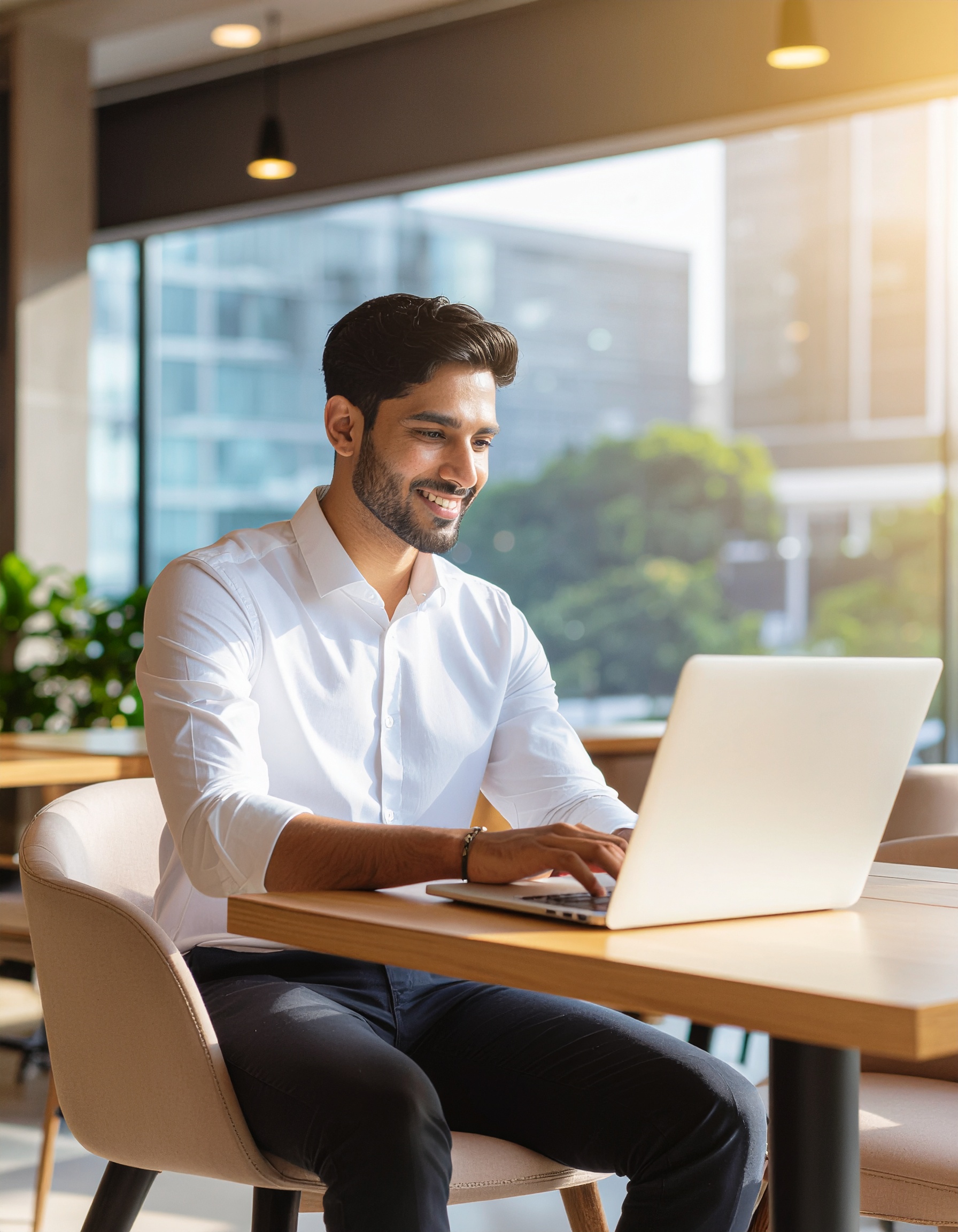 Homem de camisa branca trabalhando em laptop em ambiente moderno com tons neutros, iluminação natural suave, janelas amplas e vegetação ao fundo, criando atmosfera produtiva e serena.