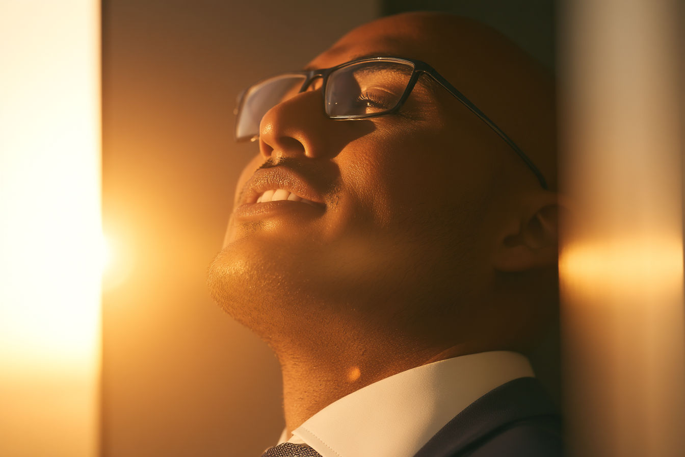 Retrato de um homem sorrindo suavemente, usando óculos, em um ambiente iluminado pelo sol poente, com um foco suave no rosto e um fundo difuso que destaca a luz quente do sol.
