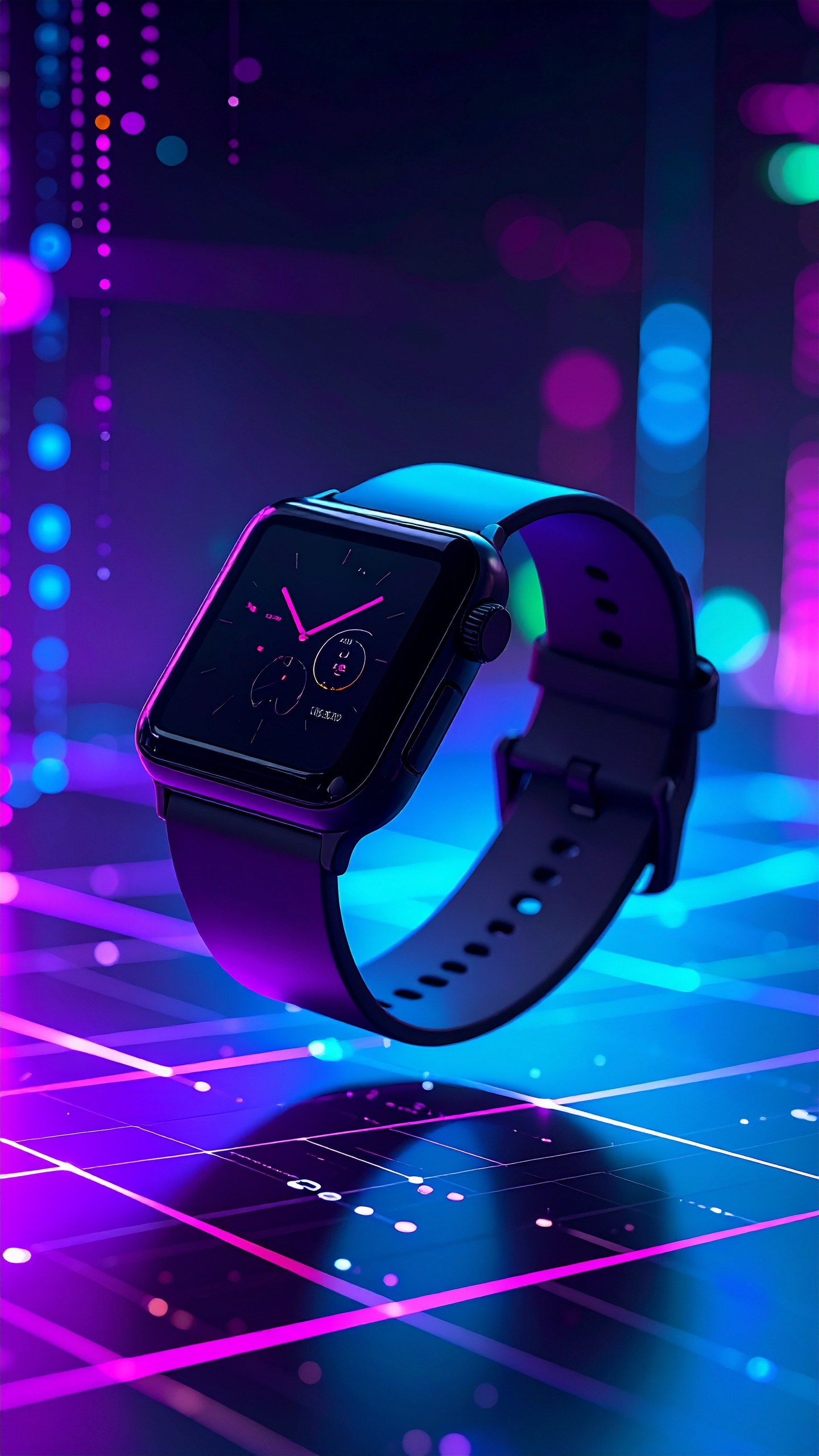 Relógio inteligente sobre superfície com iluminação neon em tons de roxo e azul. Ideal para quem busca tecnologia aliada a um design futurista e elegante. O mostrador digital destaca-se com gráficos e indicadores bem definidos. Perfeito para uso em ambientes urbanos e eventos noturnos. A combinação de cores vibrantes adiciona um toque moderno e tecnológico.