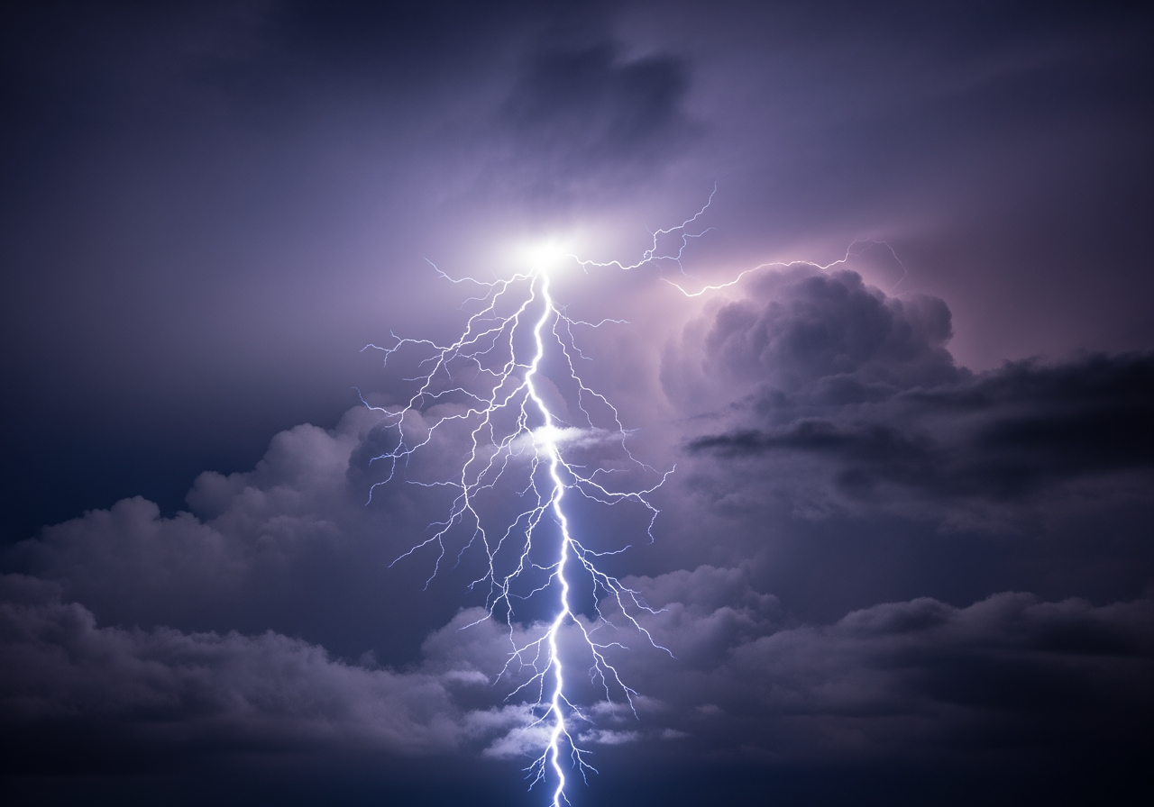 Um relâmpago impressionante ilumina um céu tempestuoso, criando um espetáculo de luz e sombra. Ideal para decorar espaços modernos, trazendo uma sensação de energia e dinamismo. A imagem destaca as nuances de roxo e cinza das nuvens, contrastando com o brilho intenso do raio. Perfeita para ser usada em ambientes como escritórios ou salas de estar, onde se deseja uma atmosfera de força e inspiração. Além de ser visualmente impactante, captura a beleza e a força da natureza em sua forma mais pura.