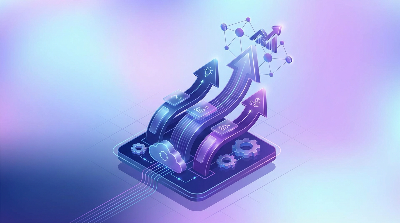 A digital illustration features three upward arrows emerging from a smartphone, symbolizing growth a