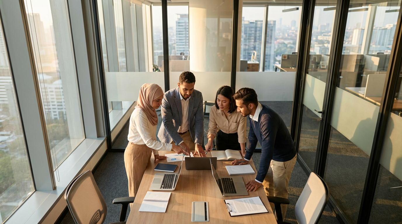 A diverse team collaborates in a modern office with city views