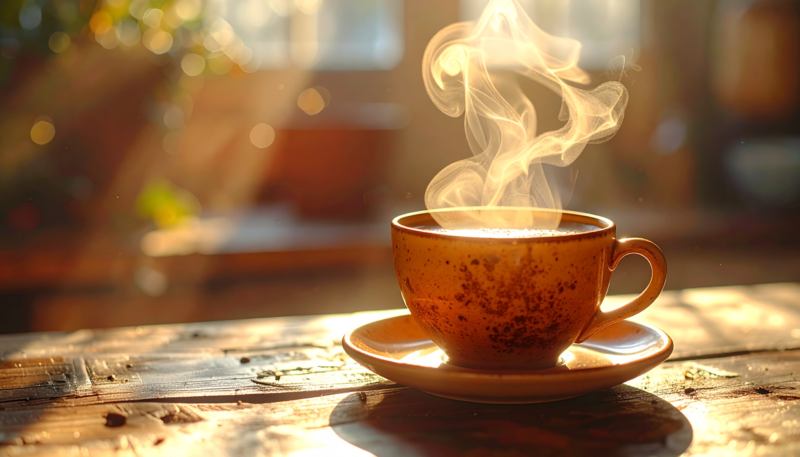 Steaming Coffee Cup on Wooden Table