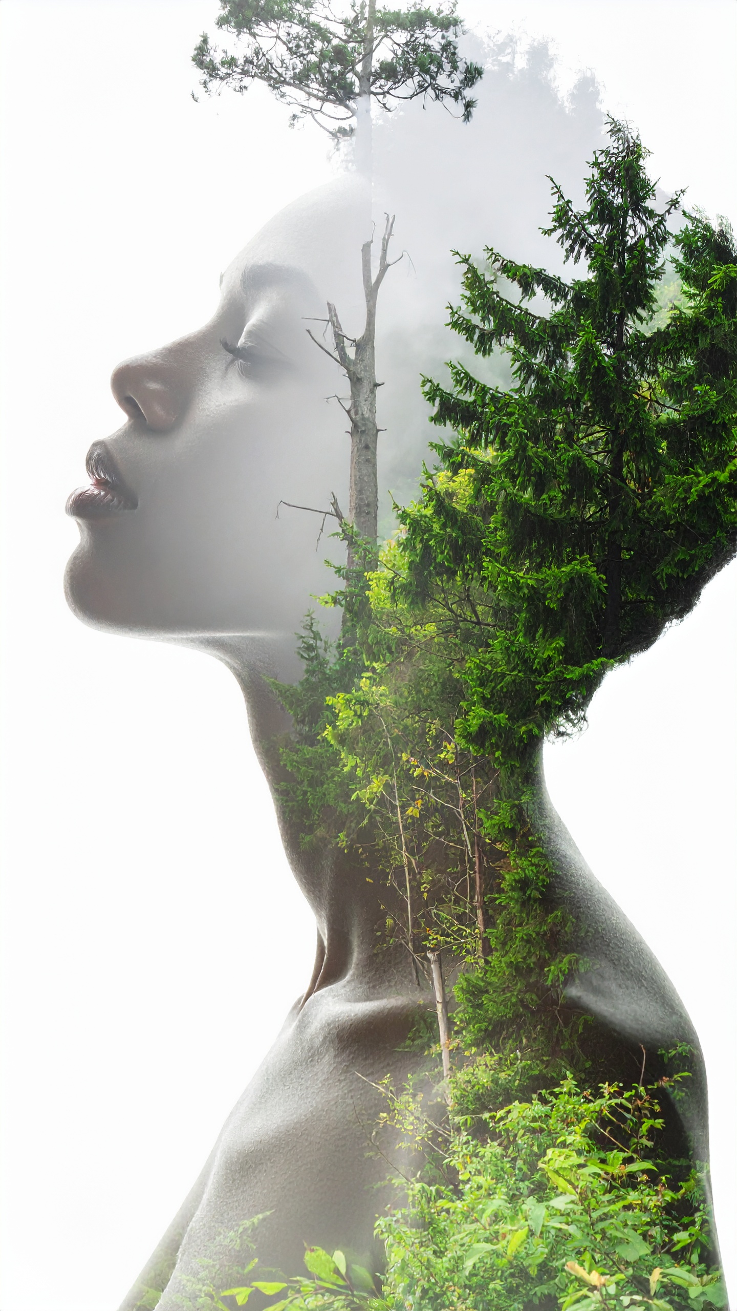 A striking double exposure blends a serene female silhouette with lush, green trees