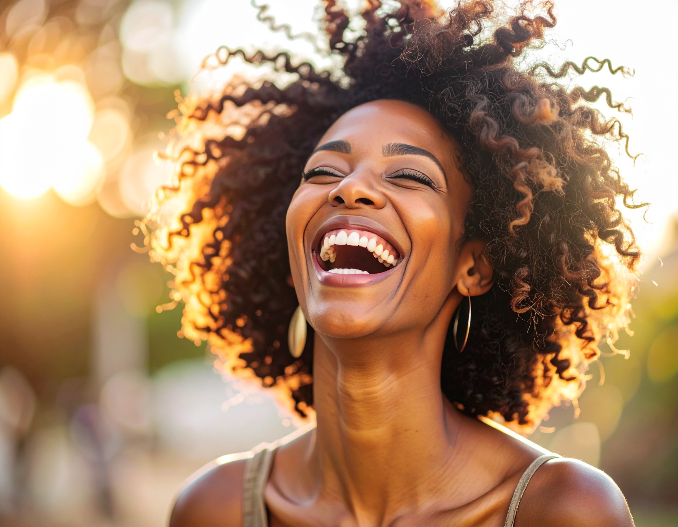A woman with curly hair laughs joyfully in the golden sunlight