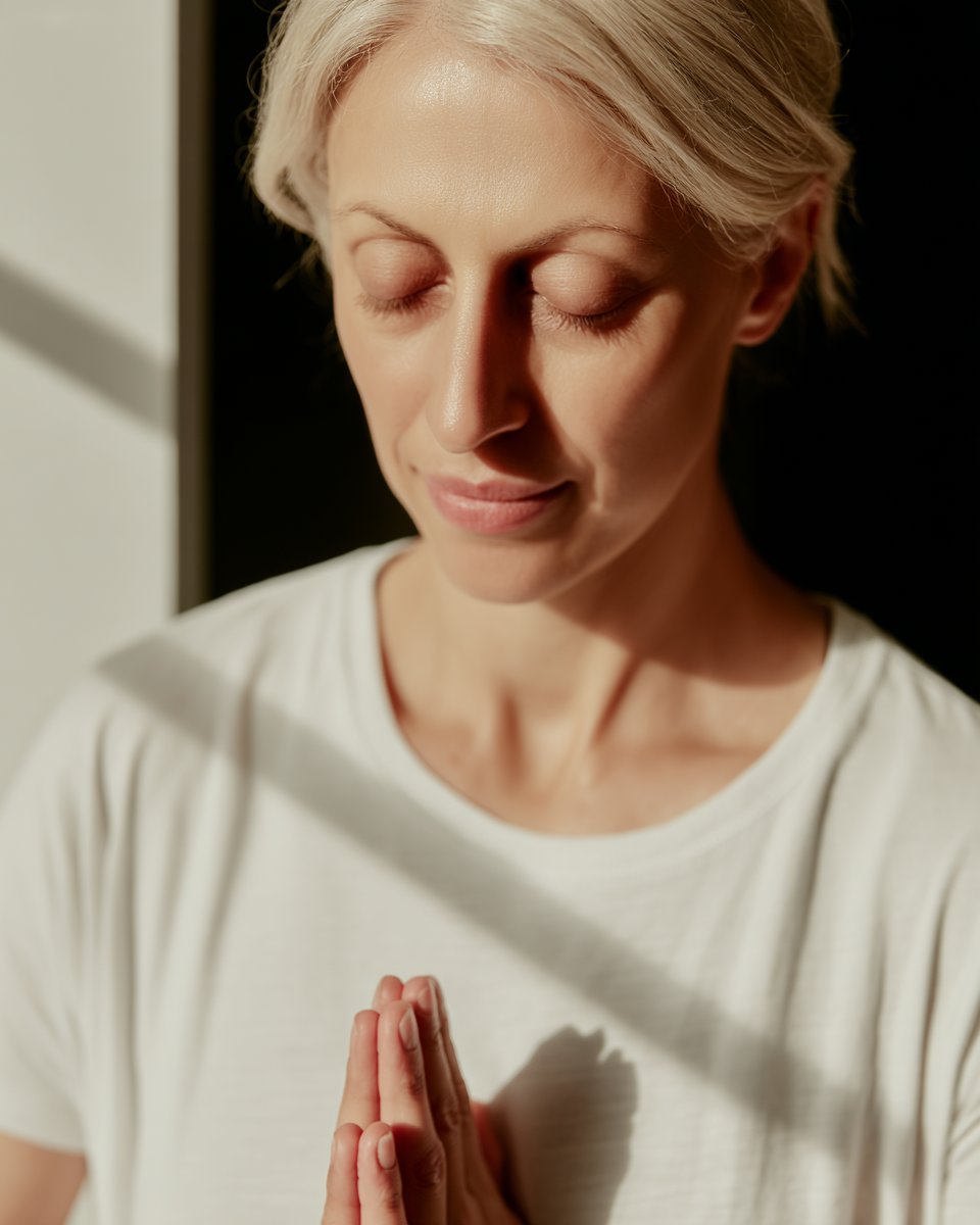 Mulher de olhos fechados em posição de meditação, iluminação suave destaca seu rosto sereno. A luz natural cria sombras sutis, capturando uma atmosfera de tranquilidade e introspecção, com foco nítido e composição equilibrada.