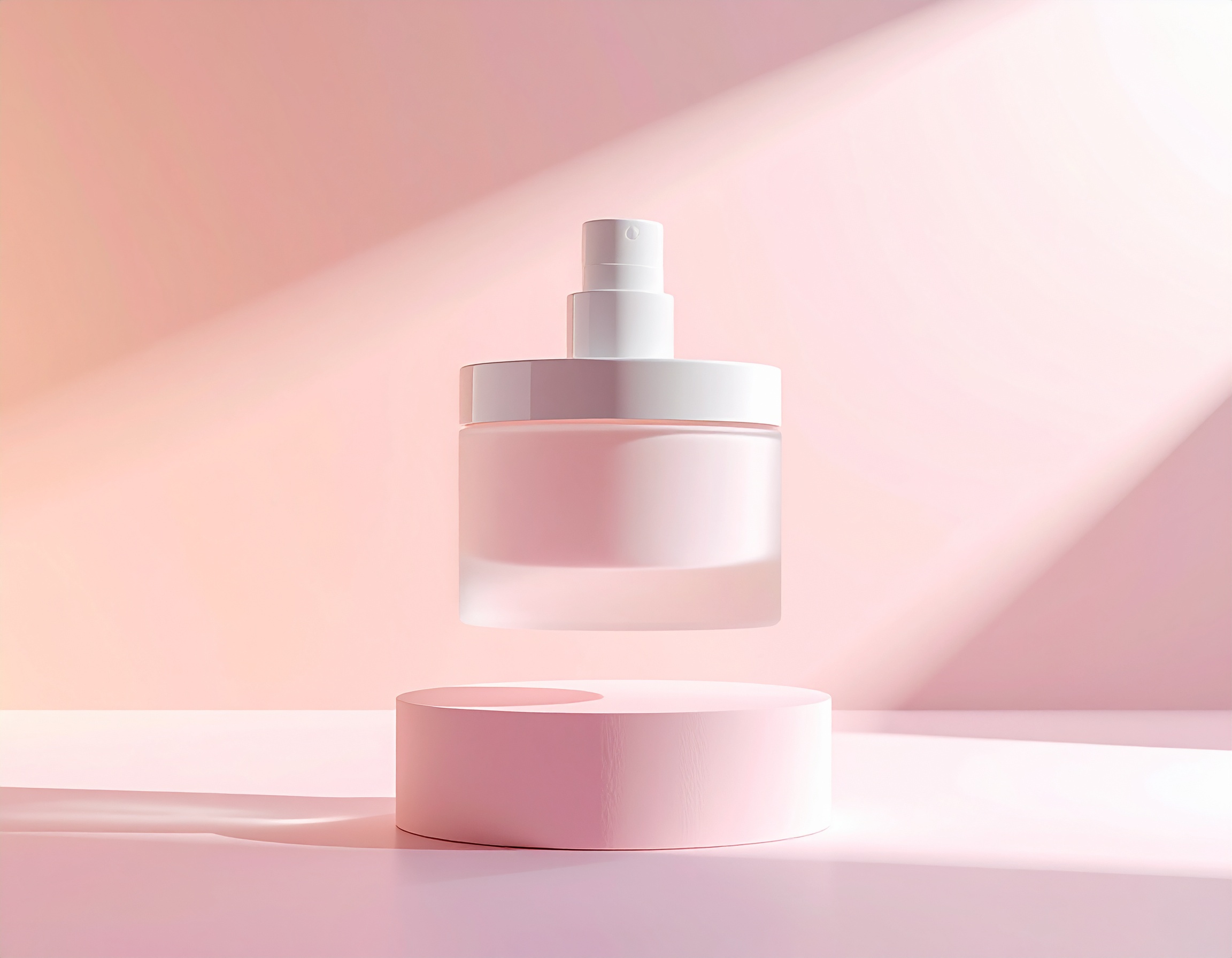Frasco de perfume flutuante em fundo rosa suave, com iluminação suave e sombras delicadas. O design minimalista realça o frasco translúcido com tampa branca, criando um visual elegante e contemporâneo. A composição é centrada e simétrica, destacando a leveza e sofisticação do produto em foco.