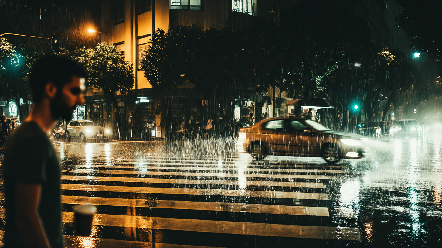 A cena retrata uma rua movimentada durante uma forte chuva noturna. O fundo é dominado por tons escuros, com reflexos brilhantes na água acumulada no chão. A iluminação é fornecida por faróis de carros e luzes de semáforo, criando um contraste visual interessante. A figura de um homem em primeiro plano é parcialmente obscura devido à chuva, enquanto um carro amarelo passa rapidamente, borrando-se levemente por causa da velocidade.