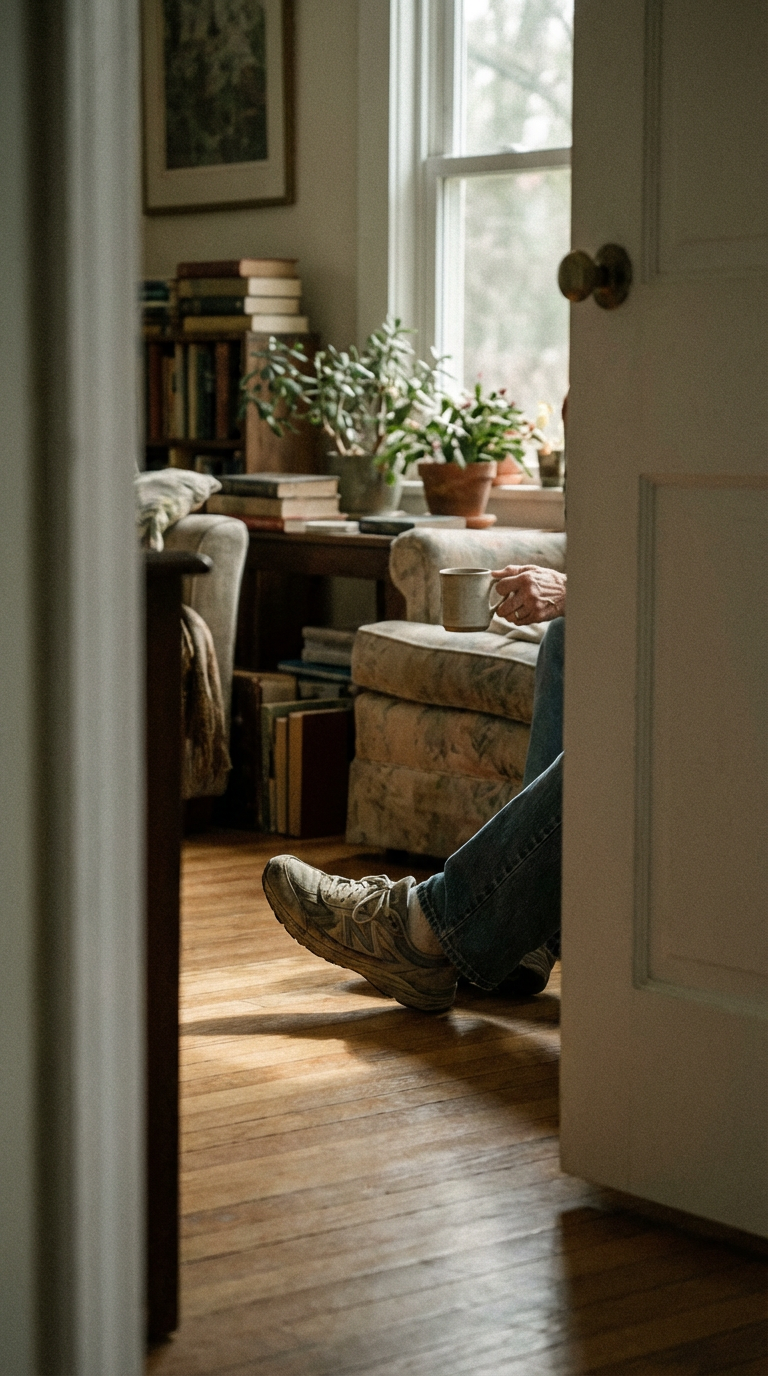 A cozy living room corner invites relaxation with a person seated holding a mug