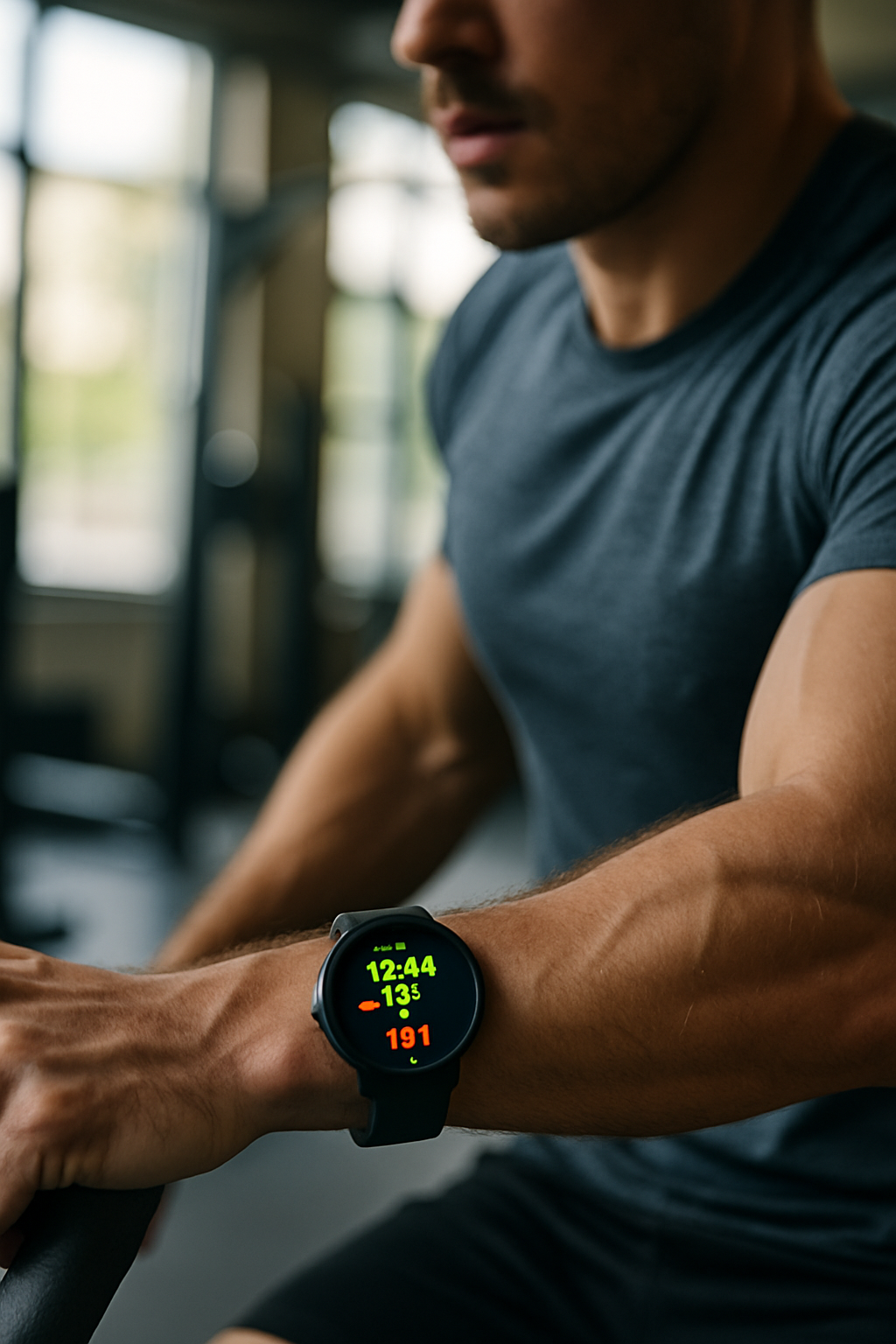 A man in a gym wears a modern smartwatch while exercising