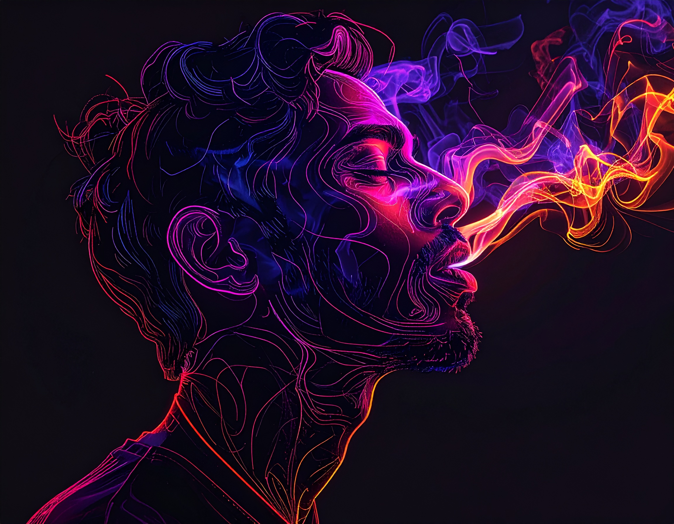 A vibrant digital artwork featuring a man's profile with neon lines and colorful smoke