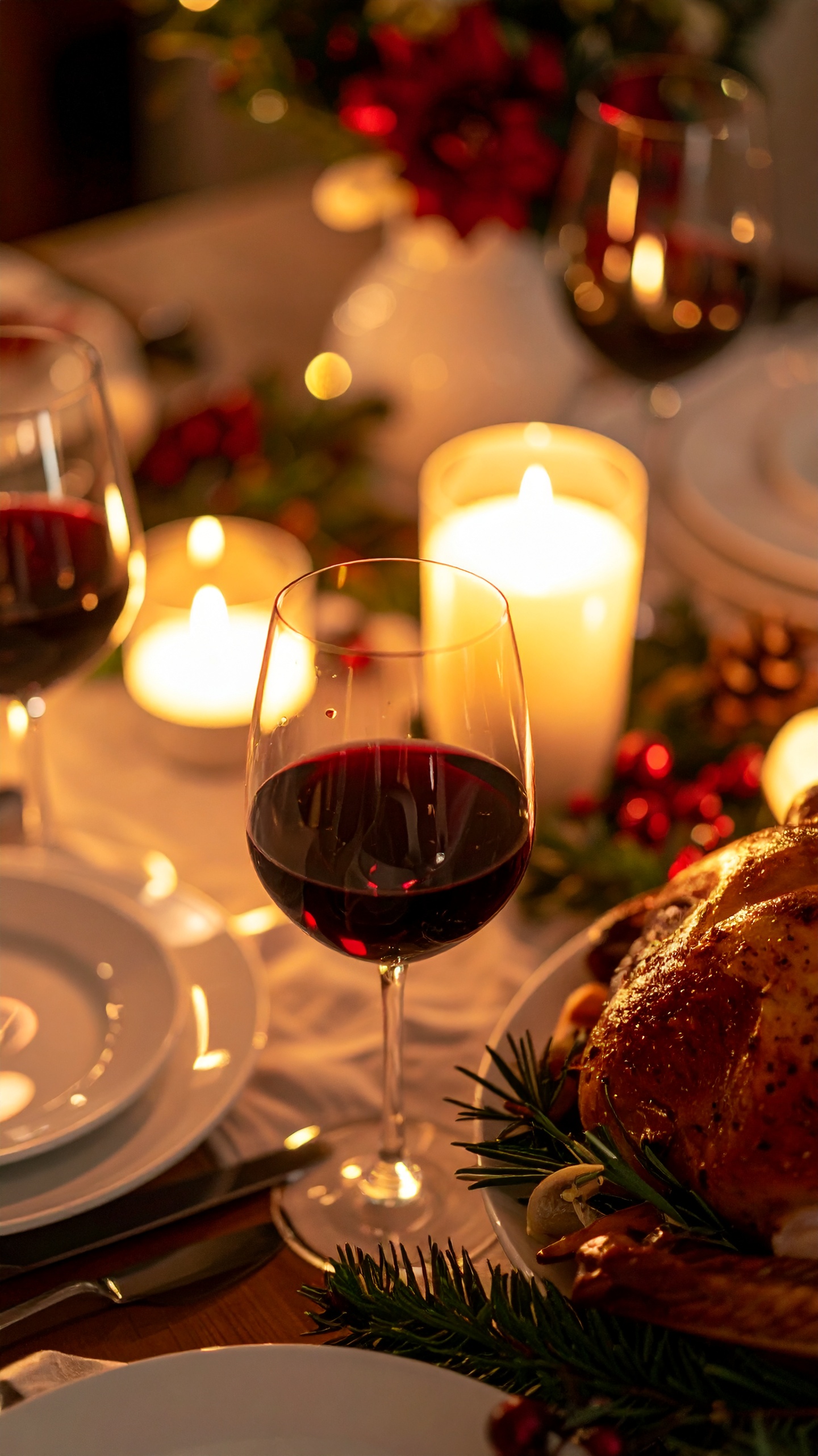 Elegant Festive Dinner Table with Red Wine Glasses