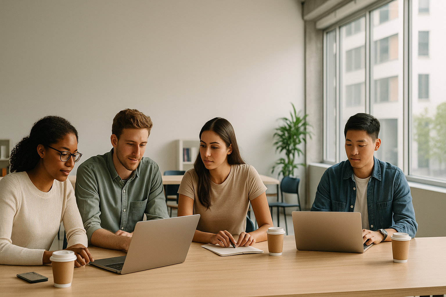 A imagem apresenta um ambiente de trabalho colaborativo com quatro pessoas sentadas em uma mesa de madeira clara. Elas estão concentradas em seus laptops e em anotações. O fundo é iluminado por luz natural que entra pelas janelas grandes, criando um ambiente acolhedor e produtivo. A paleta de cores é neutra, com tons de bege, verde, e azul, complementados por elementos em madeira e plantas.