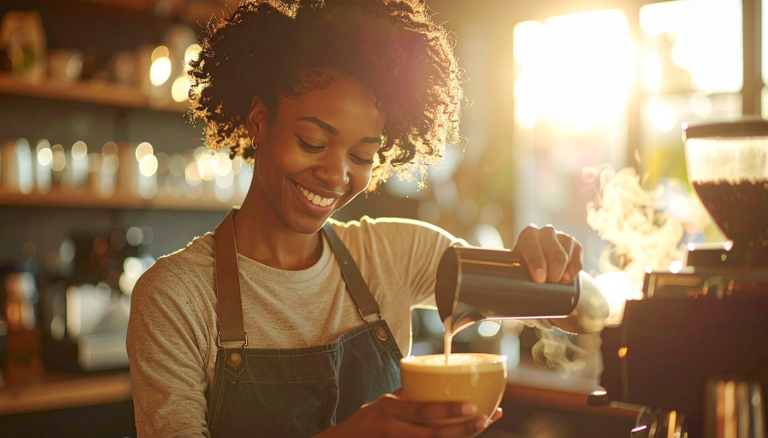Barista sorridente prepara um café latte em ambiente de cafeteria iluminado pelo sol poente, criando uma atmosfera acolhedora. A composição destaca o vapor suave e a luz quente refletida nas superfícies, enquanto o foco suave realça a textura cremosa do café e o sorriso da barista.