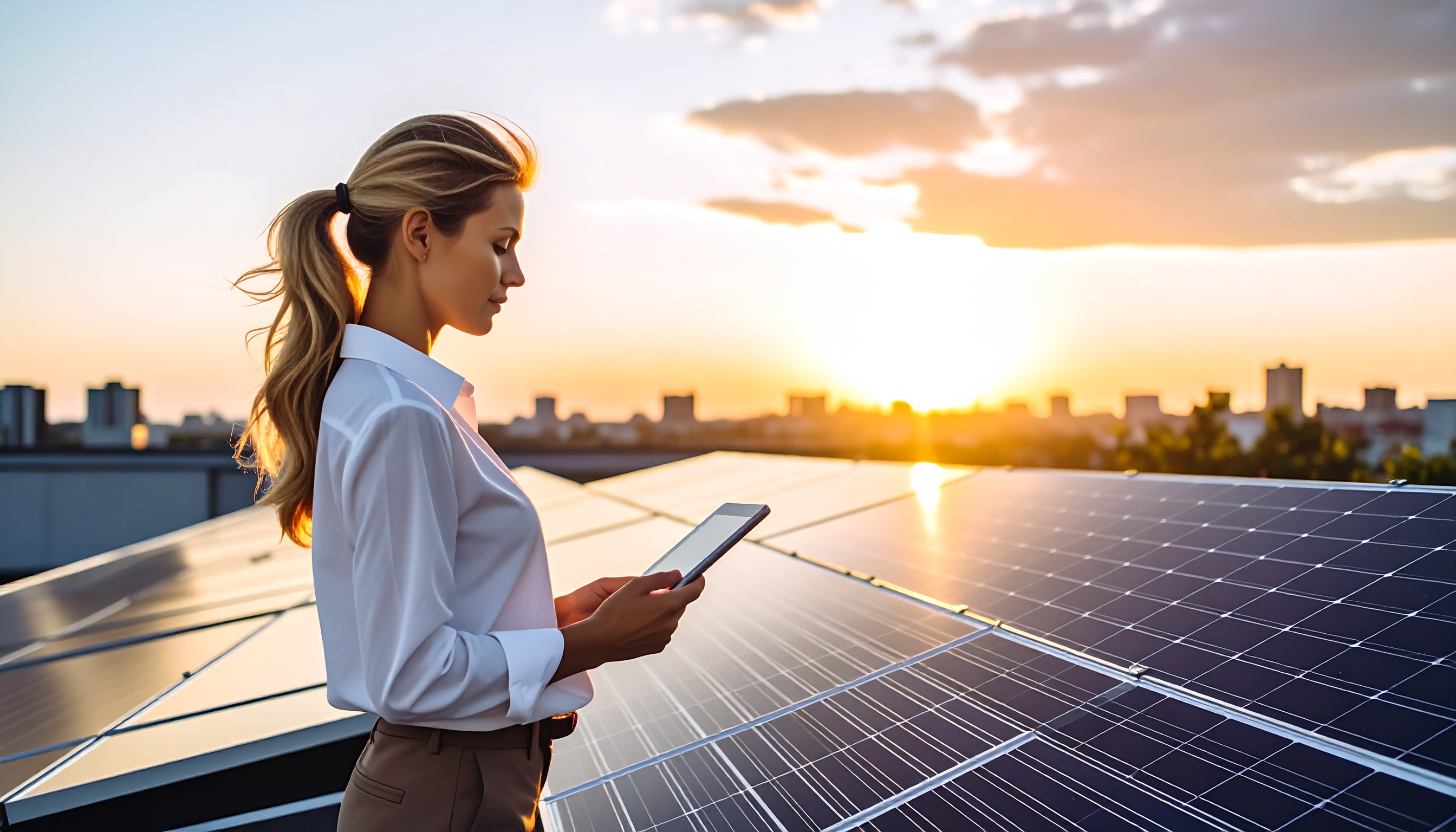 Mulher em perfil segurando tablet ao lado de painéis solares ao pôr do sol, com iluminação suave destacando o cabelo e a camisa branca. A cena transmite inovação e sustentabilidade em ambiente urbano, com prédios ao fundo e composição equilibrada entre tecnologia e natureza.