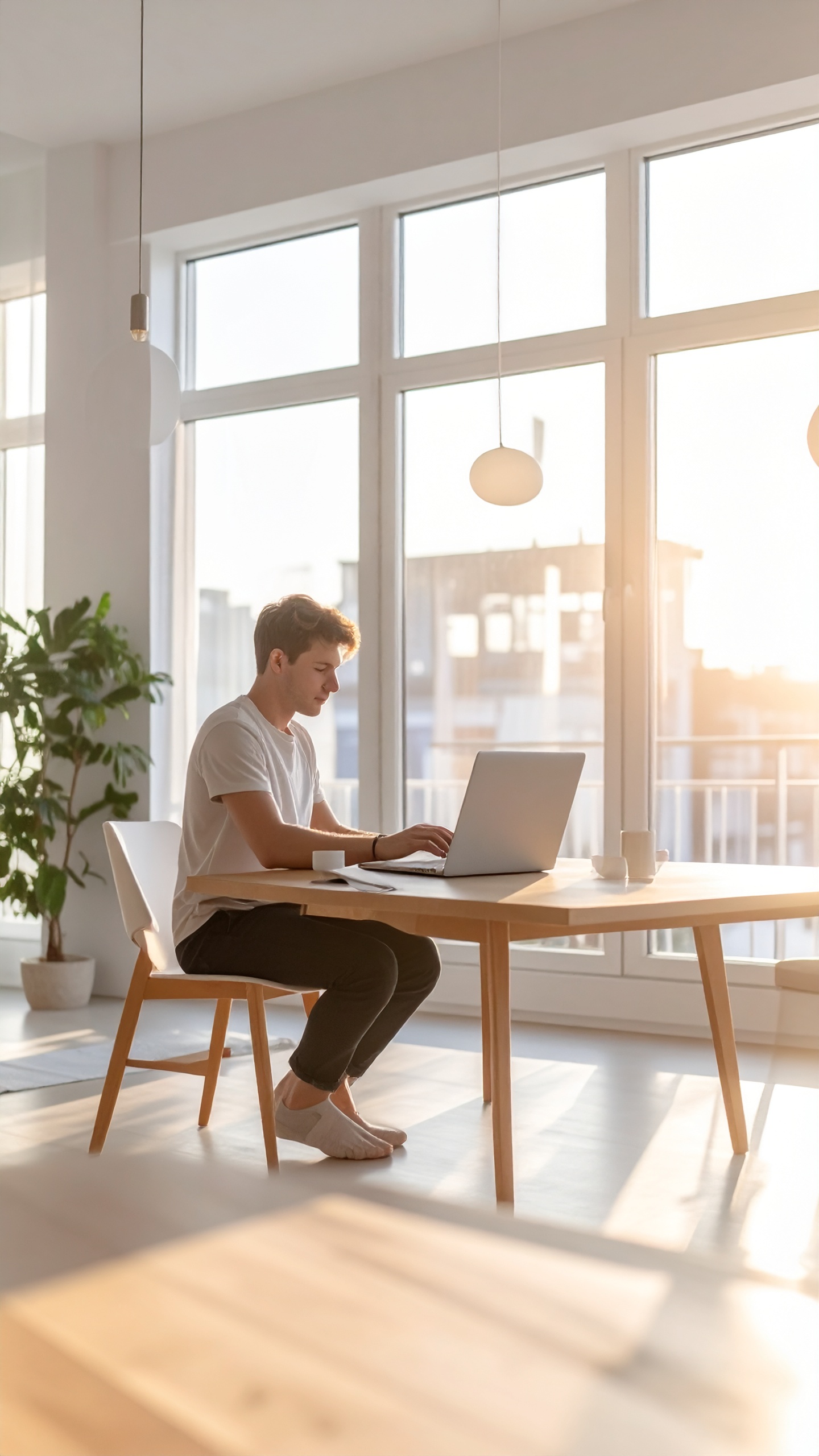 A young man works on his laptop at a sunlit wooden table in a modern apartment