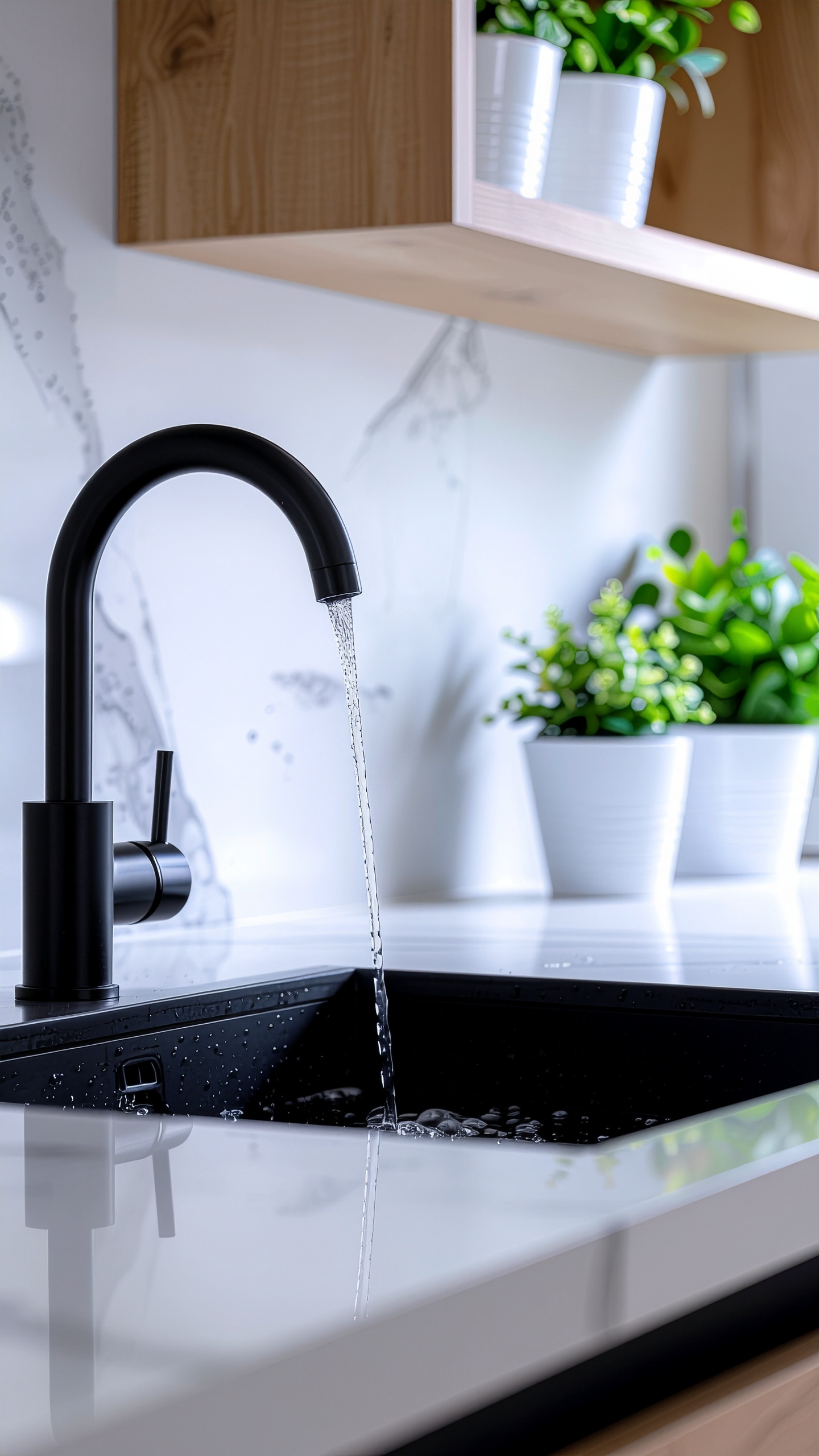Cozinha moderna com torneira preta elegante jorrando água em uma pia escura, cercada por uma bancada branca polida. Plantas verdes em vasos brancos adicionam um toque de frescor ao espaço iluminado de forma suave, criando um ambiente clean e contemporâneo.