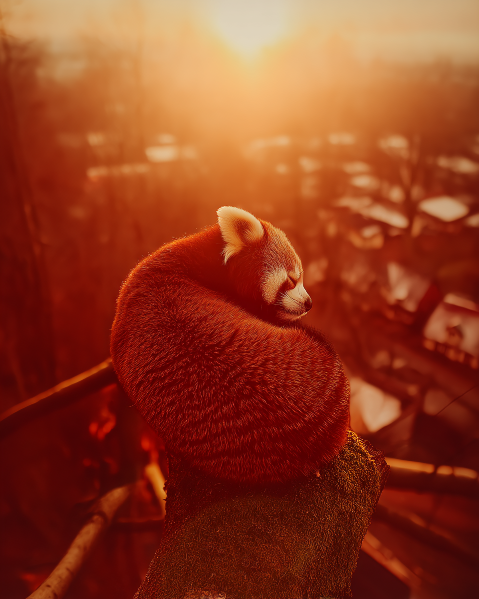 Um panda-vermelho repousa tranquilamente em um galho coberto de musgo, iluminado por uma luz suave do pôr do sol. O fundo desfocado traz uma atmosfera serena e onírica, destacando o vibrante pelo avermelhado do animal. A composição enfatiza o isolamento e a beleza natural do habitat, com um ângulo ligeiramente elevado e foco preciso no panda-vermelho.