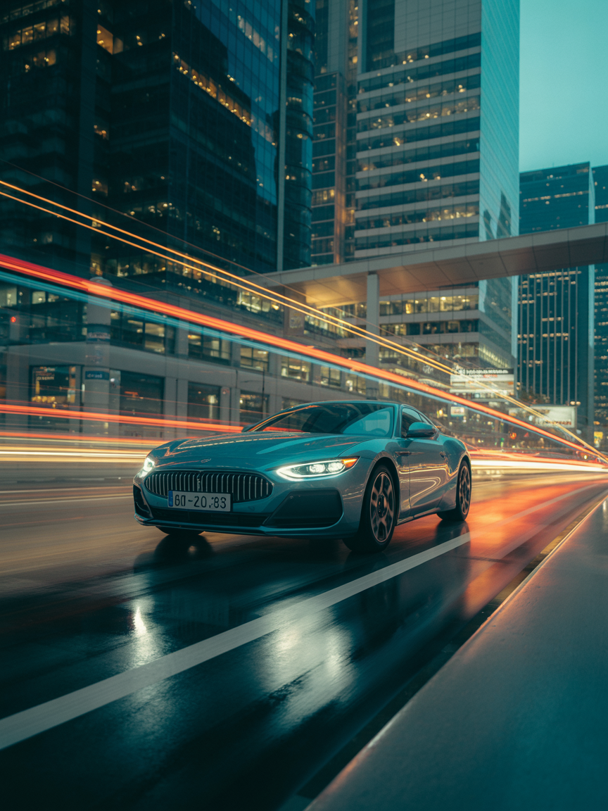 A sleek sports car speeds through a vibrant cityscape at night