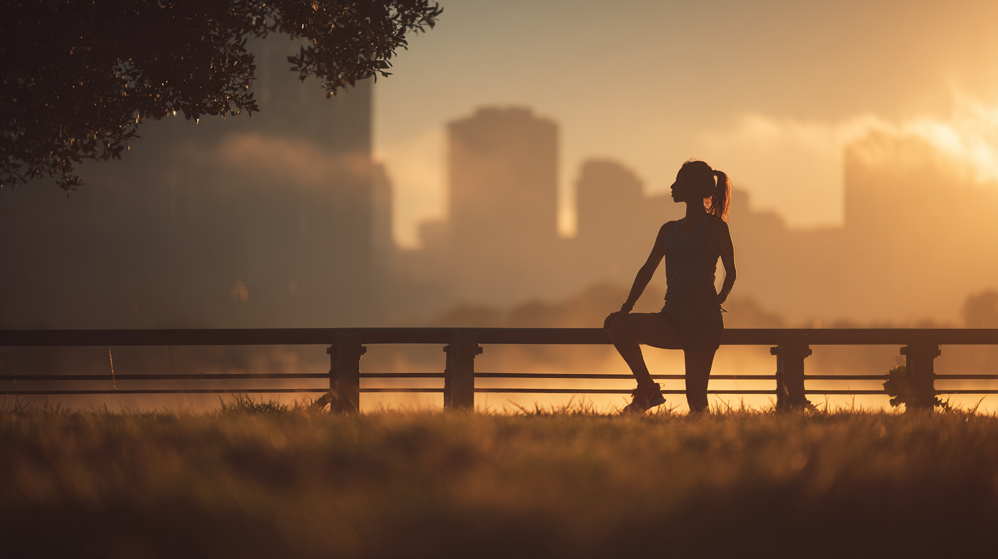 Silhueta de uma mulher em posição de alongamento ao pôr do sol, com skyline urbano ao fundo. A imagem captura a beleza da atividade física ao ar livre em um ambiente natural e urbano.