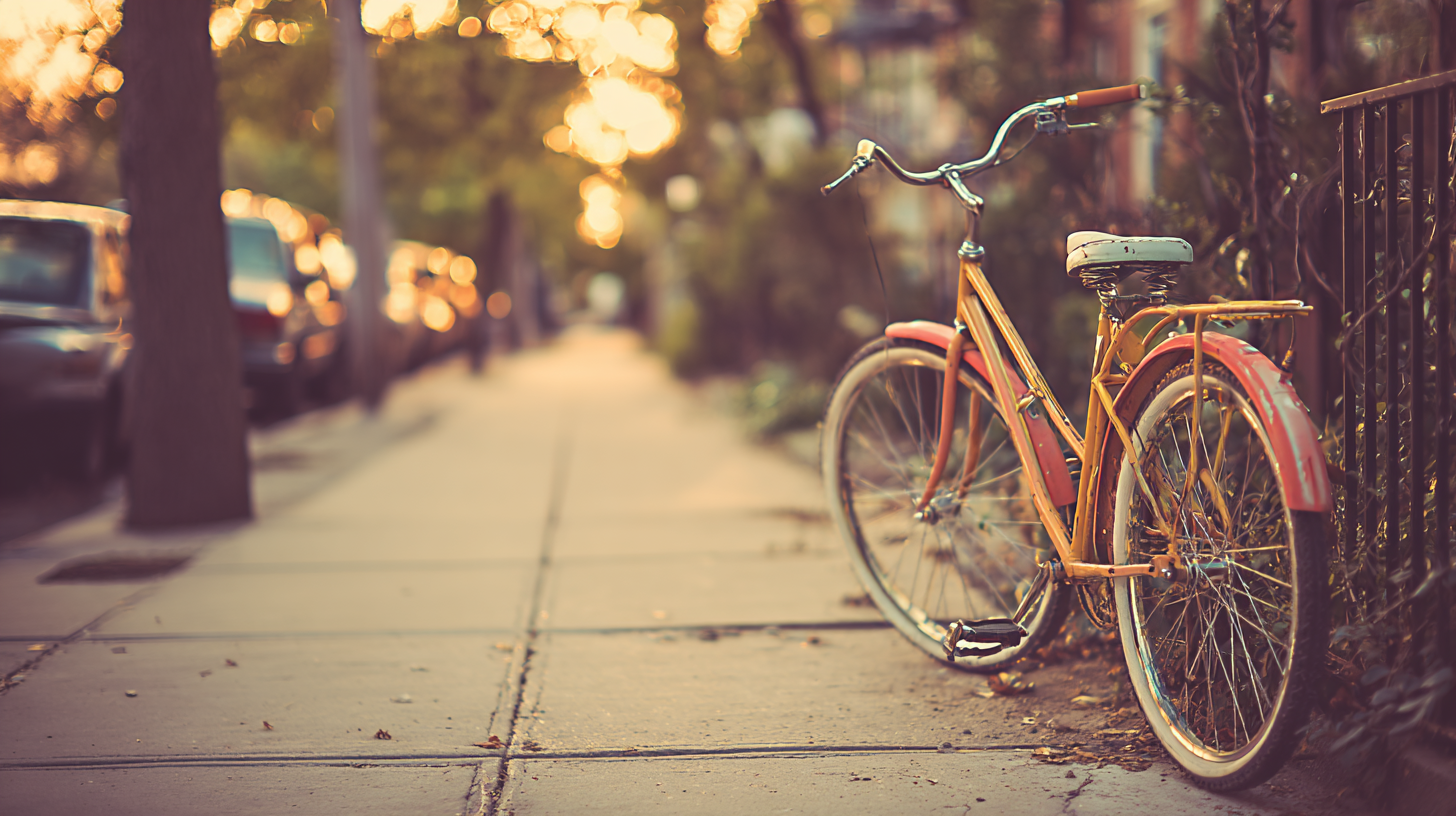 Uma bicicleta vintage de cor laranja e rosa estacionada em uma calçada durante o pôr do sol, com árvores e carros ao fundo, criando uma atmosfera relaxante e urbana.