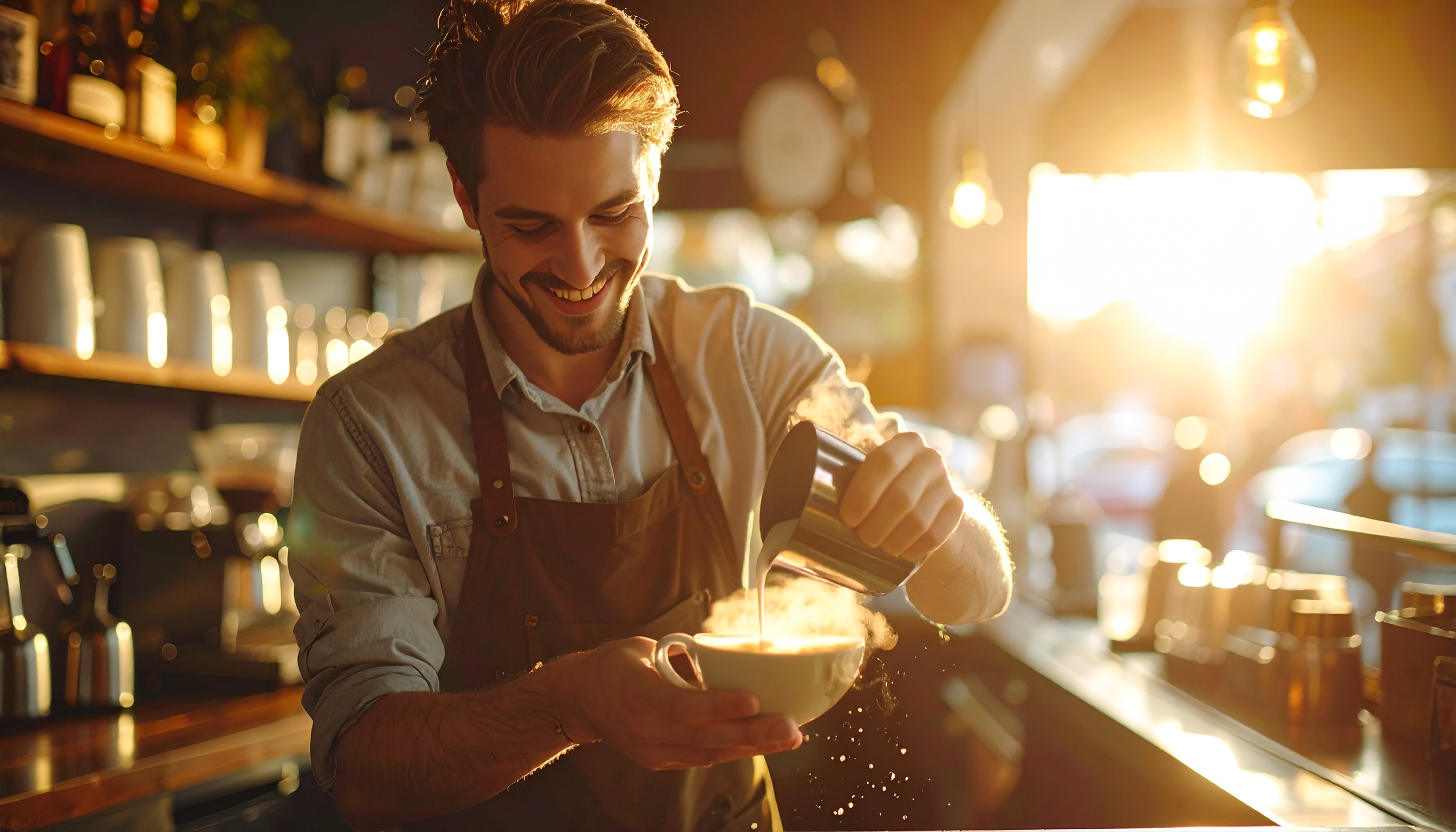 Barista sorridente prepara um café latte, derramando leite vaporizado em uma xícara, em uma cafeteria iluminada pelo sol poente. A luz dourada ressalta o vapor e cria uma atmosfera acolhedora e amigável. O foco suave e o ângulo frontal capturam a expressão de satisfação e a técnica do barista.