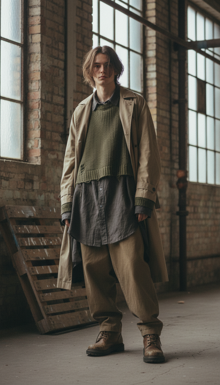 A young man wears a layered outfit in an industrial setting, featuring a trench coat