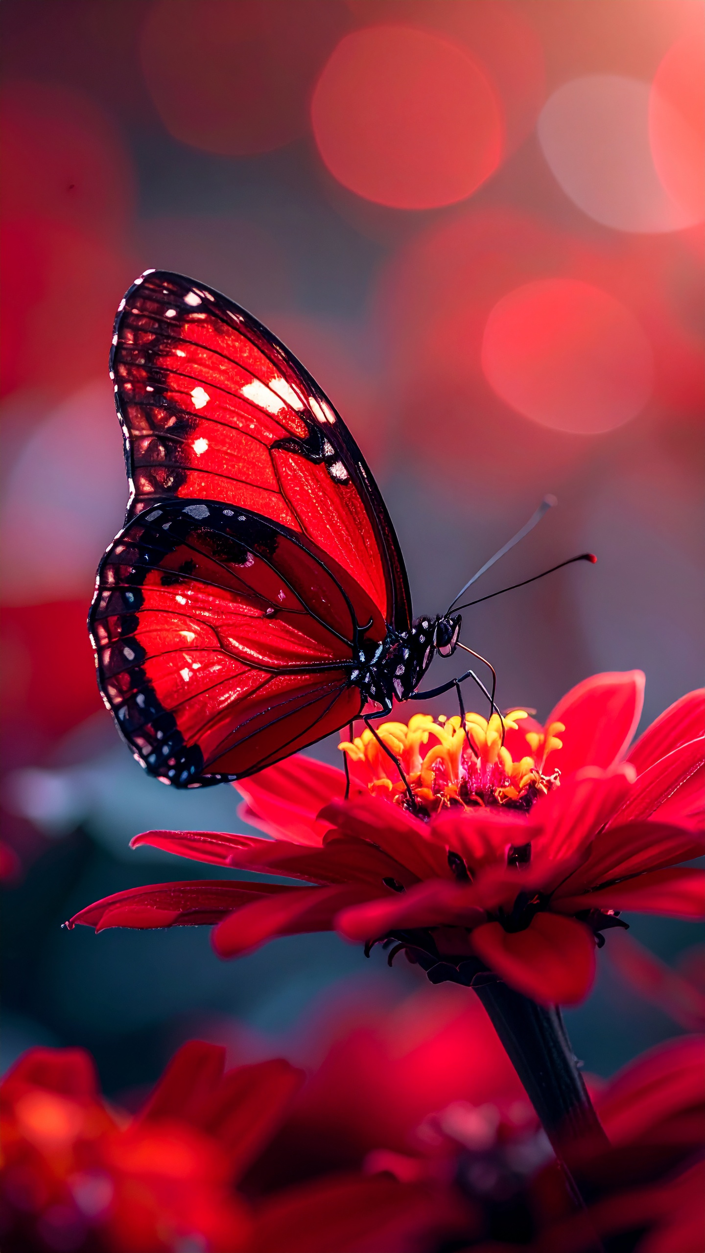 Vibrant Red Butterfly on Colorful Flower