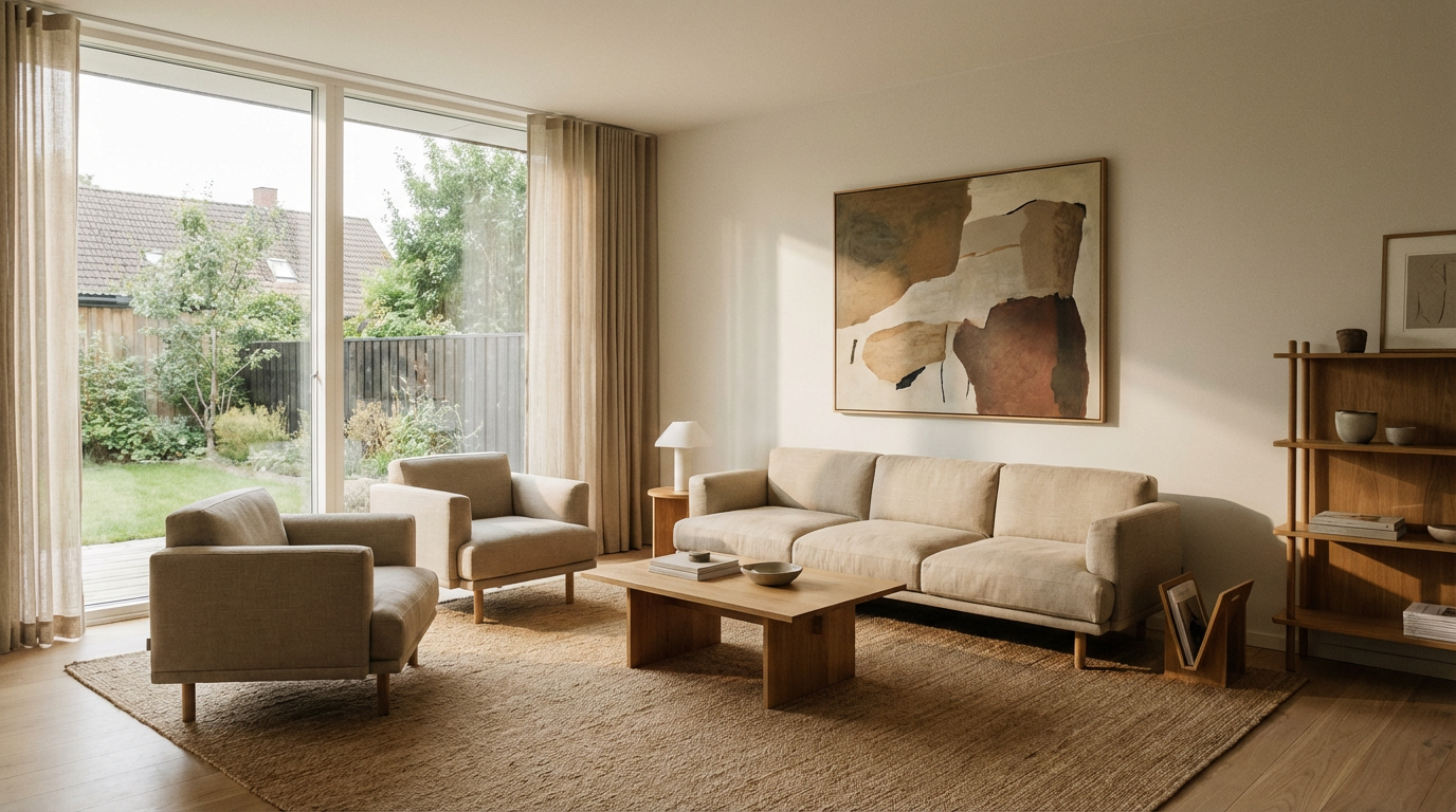 A modern living room features neutral-toned furniture arranged on a textured rug