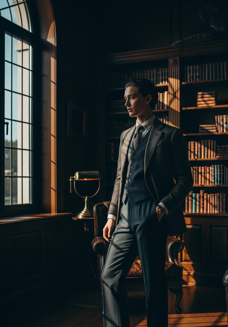 A man in a tailored suit stands confidently in a classic library setting