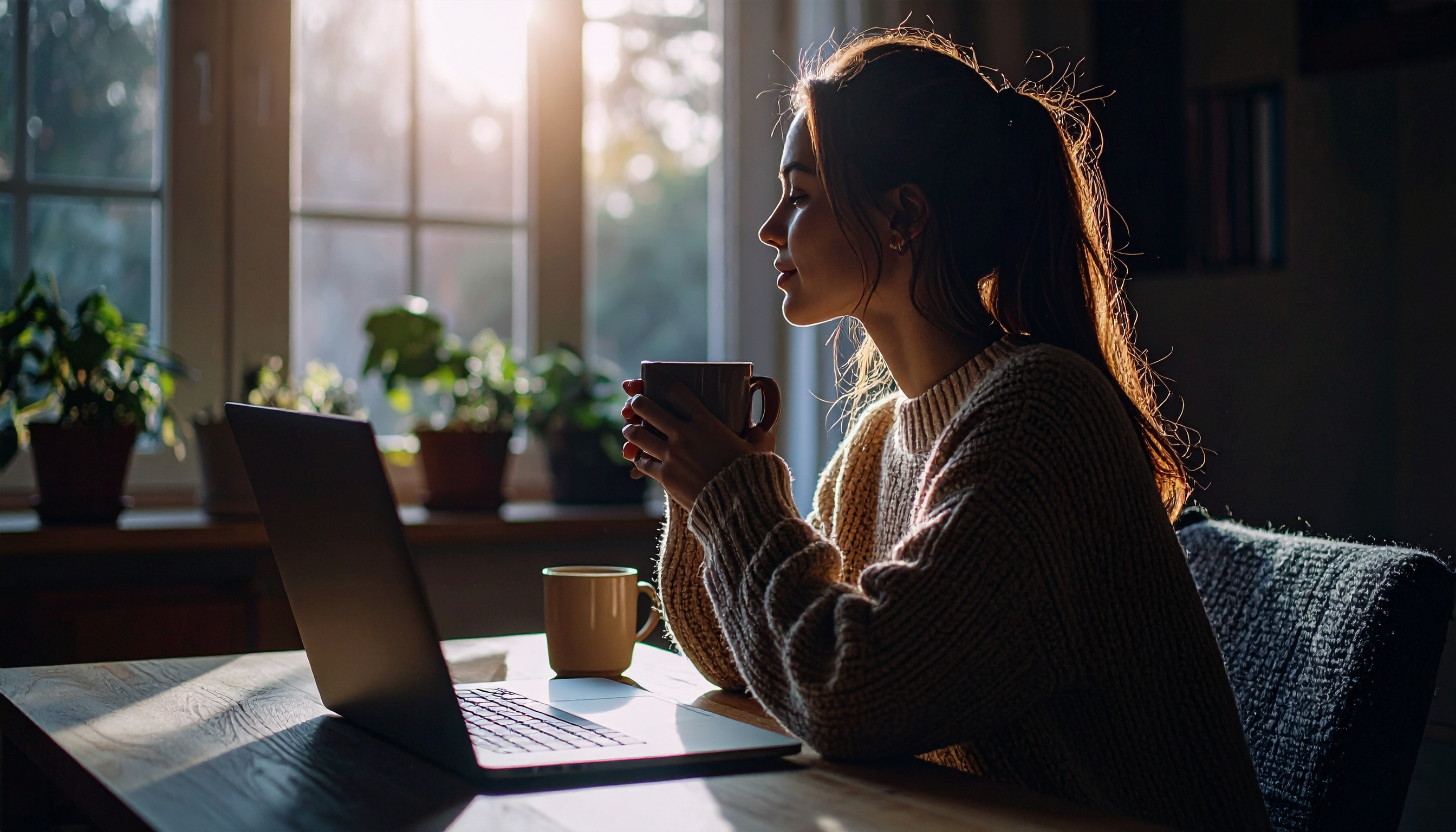 Cena serena de uma mulher jovem sentada em uma mesa, segurando uma caneca ao lado de um laptop. A iluminação suave do sol poente entra pela janela, criando um efeito de silhueta e um ambiente acolhedor. Plantas em vasos ao fundo compõem um espaço harmonioso e doméstico, enquanto a textura do suéter sugere conforto e tranquilidade.