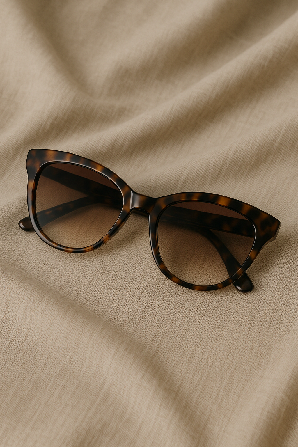 Óculos de sol com armação de padrão tartaruga repousam sobre um tecido beige, iluminados suavemente, destacando o design elegante e as curvas suaves das lentes. A composição minimalista e sofisticada transmite uma sensação de luxo e casualidade.