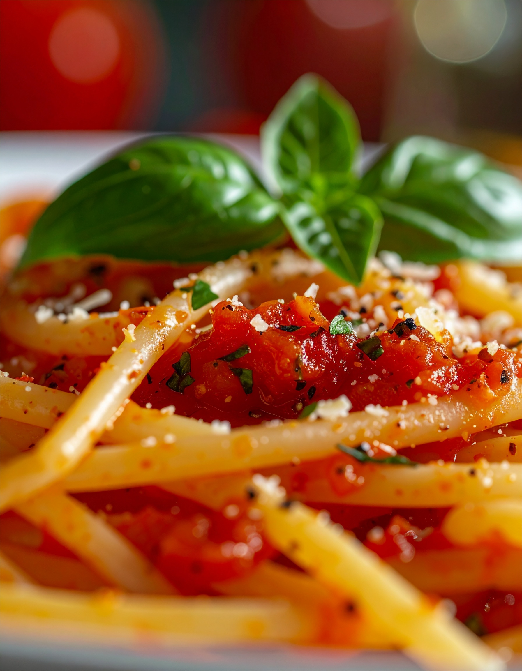 Prato de macarrão com molho de tomate vibrante, decorado com folhas frescas de manjericão e queijo ralado, capturado em close-up. A iluminação suave destaca a textura dos ingredientes, com foco nítido nas ervas e nas cores ricas da massa e do molho. A composição resplandece um estilo minimalista com um fundo desfocado em tons quentes, criando uma atmosfera acolhedora e apetitosa.