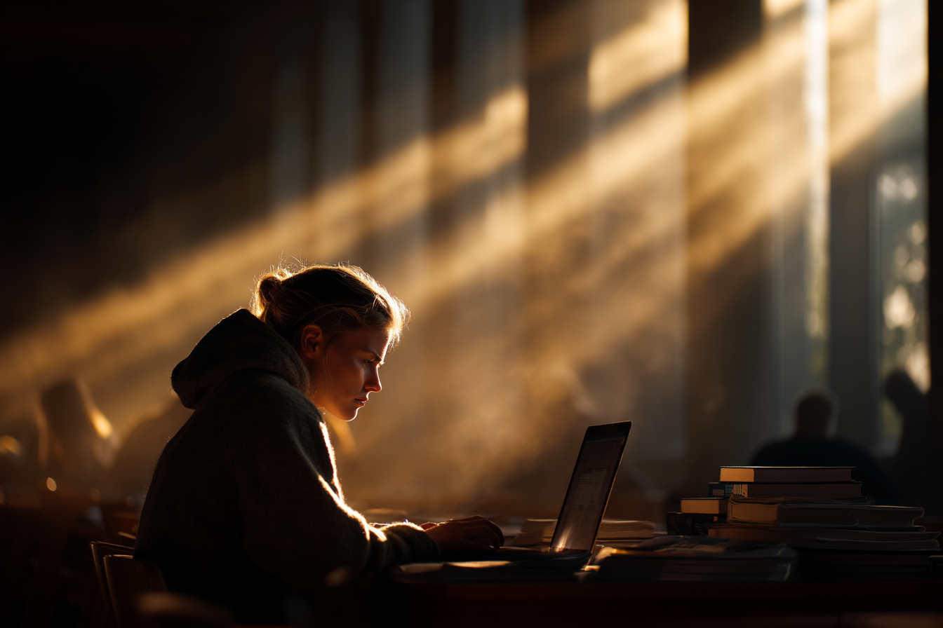 A young woman focused on her laptop in a library, illuminated by soft sunlight streaming through large windows, with a stack of books in the foreground, creating a serene and studious atmosphere.